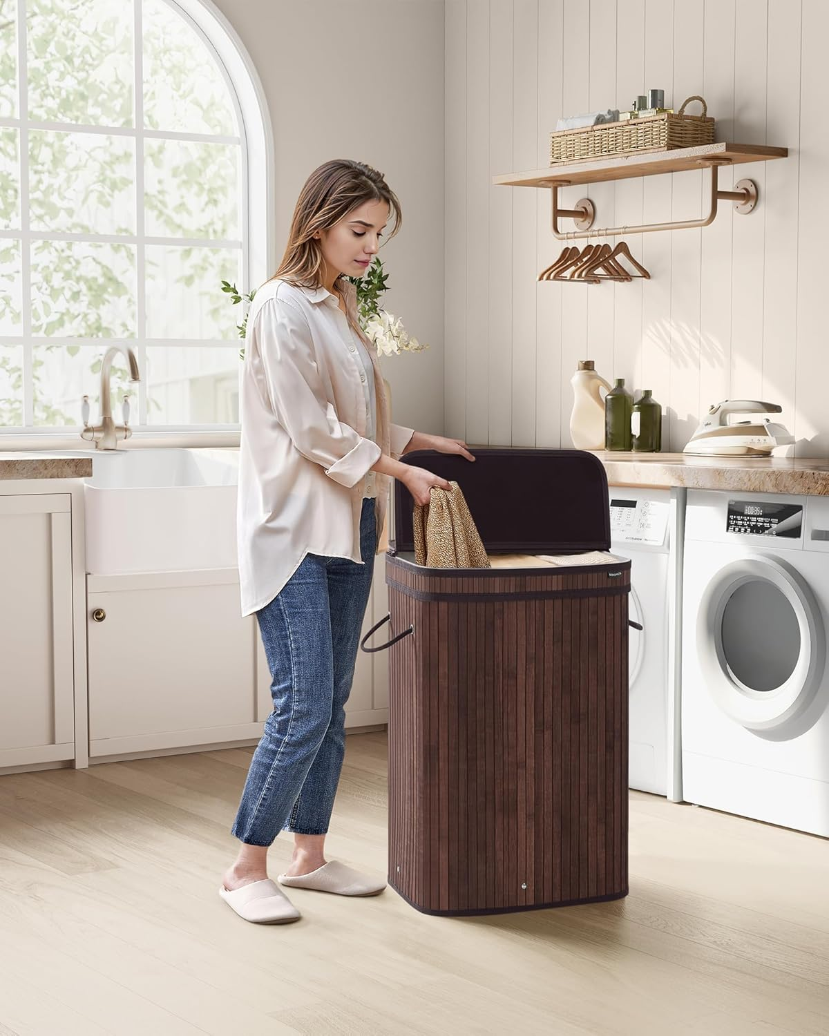 SONGMICS Laundry Hamper with Lid, Bamboo Laundry Basket, Removable Machine Wa... - Picture 3 of 13