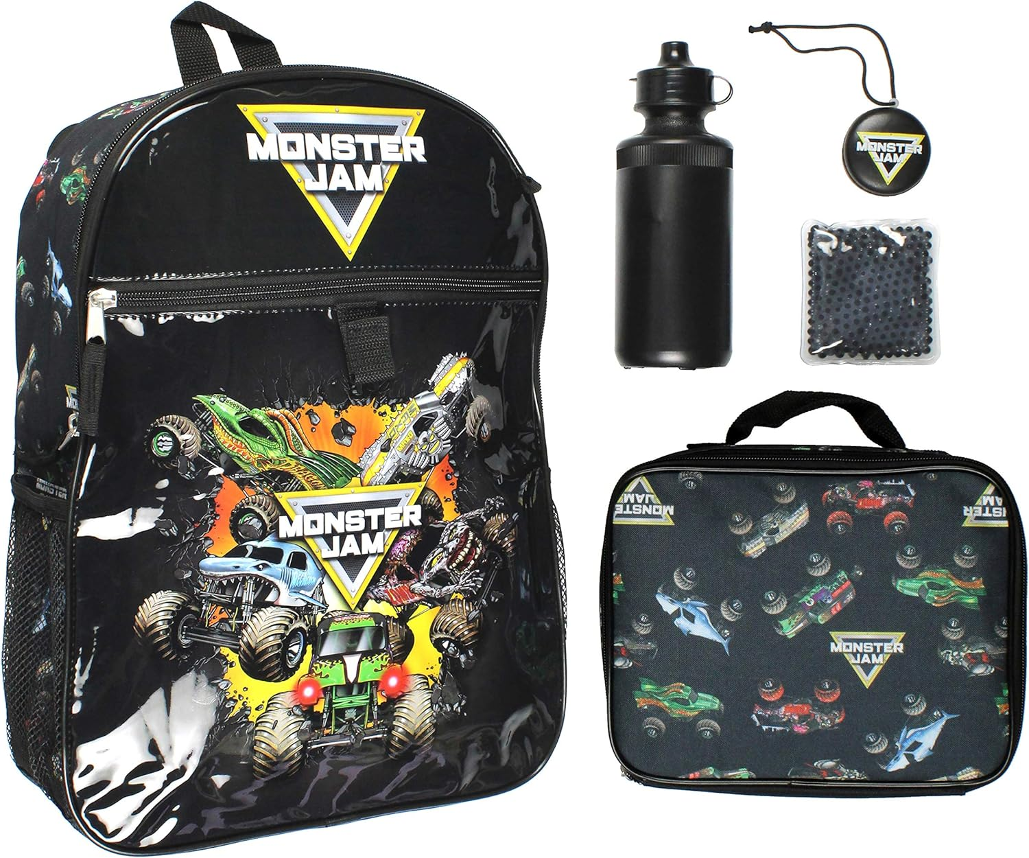 Monster Jam Megalodon Grave Digger Max-D Monster Trucks Backpack Lunch Bag Water Bottle Ice Pack 5 Piece Mega Set