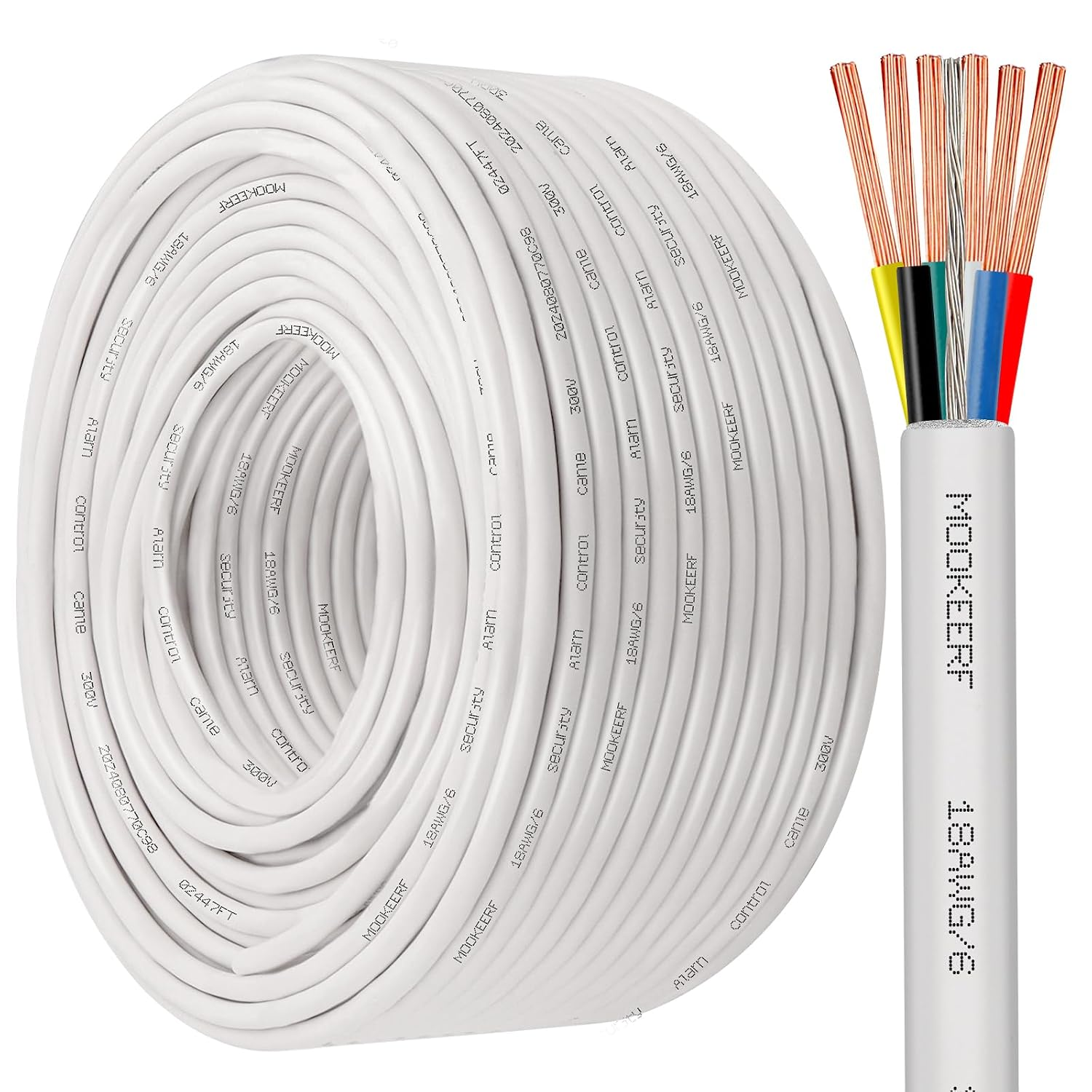 18/6 Shielded Wire 18AWG 6 Conductor 200FT Shielded Plenum Cable White CL3P Jacket Alarm Control Cable Stranded Pure Copper for Low Voltage Led,Burglar System,Fire Detector,Security Station