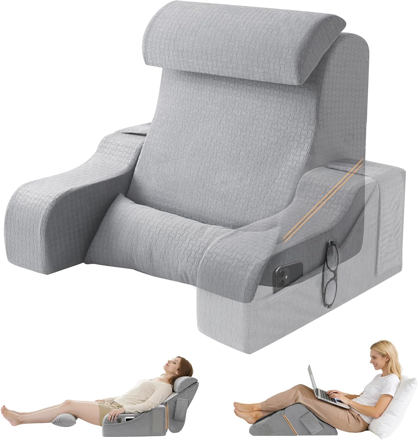 5PCS Reading Pillow for Sitting in Bed Adult, 2 in 1 Foldable Back Wedge Pillow for Sleep, Ergonomic Back Support Pillow with Arms for Watching TV, Gaming, Working, Recovery, 19” Grey