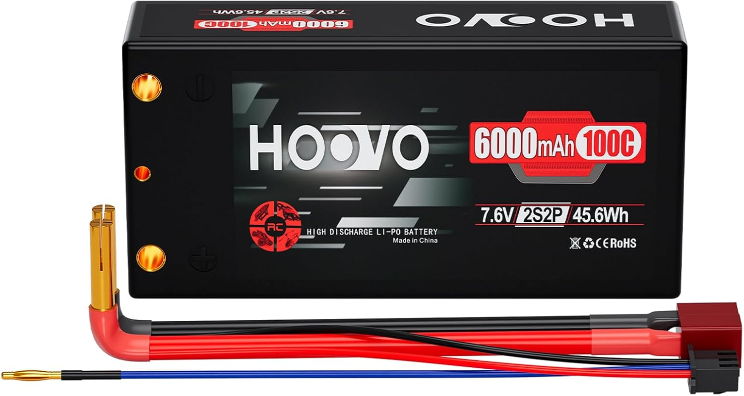 HOOVO 2S 100C 6000Mah 7.6V RC Shorty Lipo Battery High-Voltage Hard Case with T Connector for RC 1/8 1/10 Scale Vehicles Car Trucks Boats(4Mm Bullet)