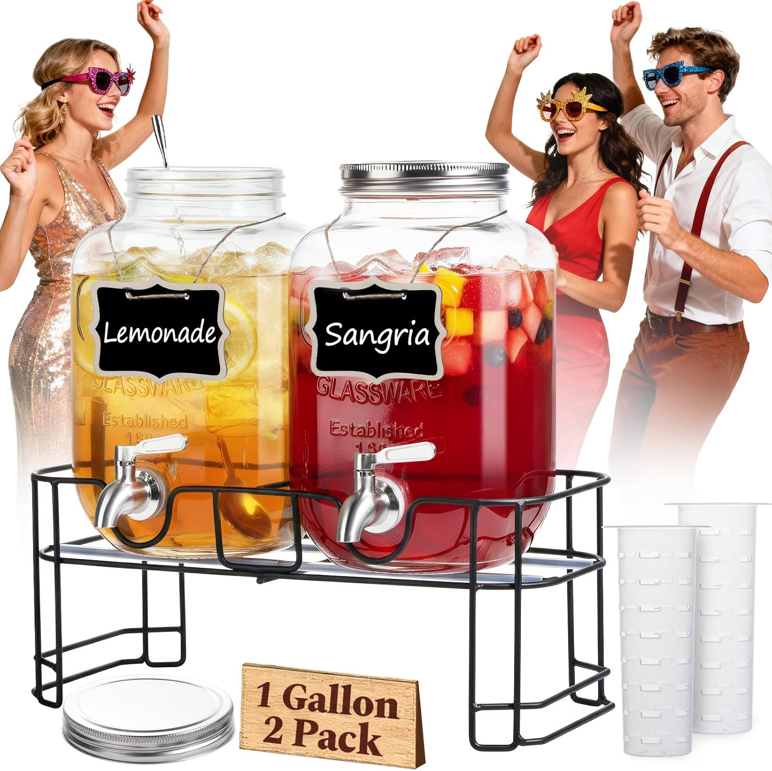 1 Gallon Glass Drink Dispensers for Parties, 2 Pack Leakproof Beverage Dispenser with Stand & 18/10 Stainless Steel Spigot & Filter -For Lemonade, Juice, Sun Tea, Punch- ALL DISHWASHER SAFE