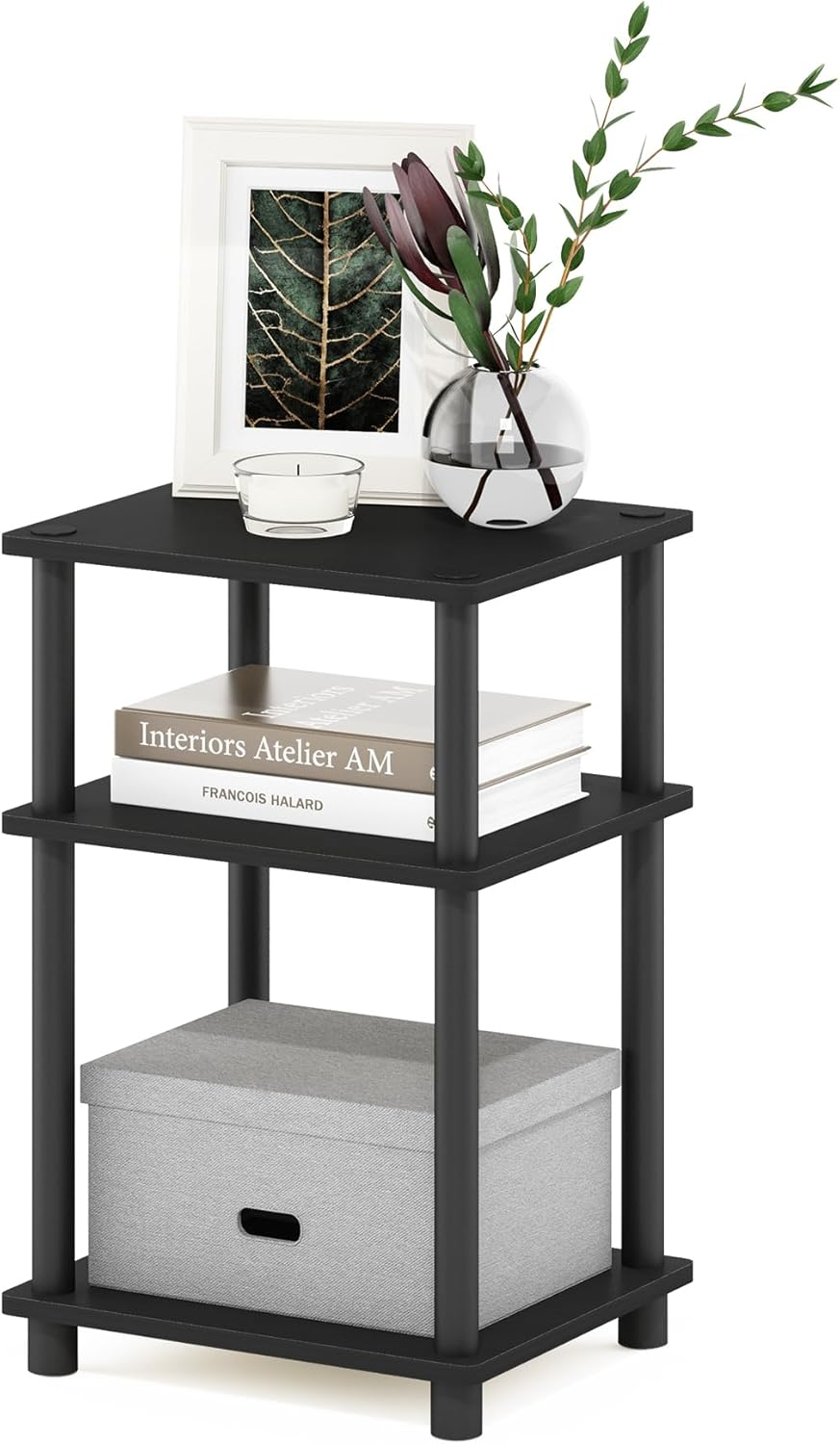 JUST Side Table, 3-Tier End Table, Open Shelves Night Stand, Bedside Table, Toolless Assembly, for Living Room, Bedroom, Bathroom, Americano