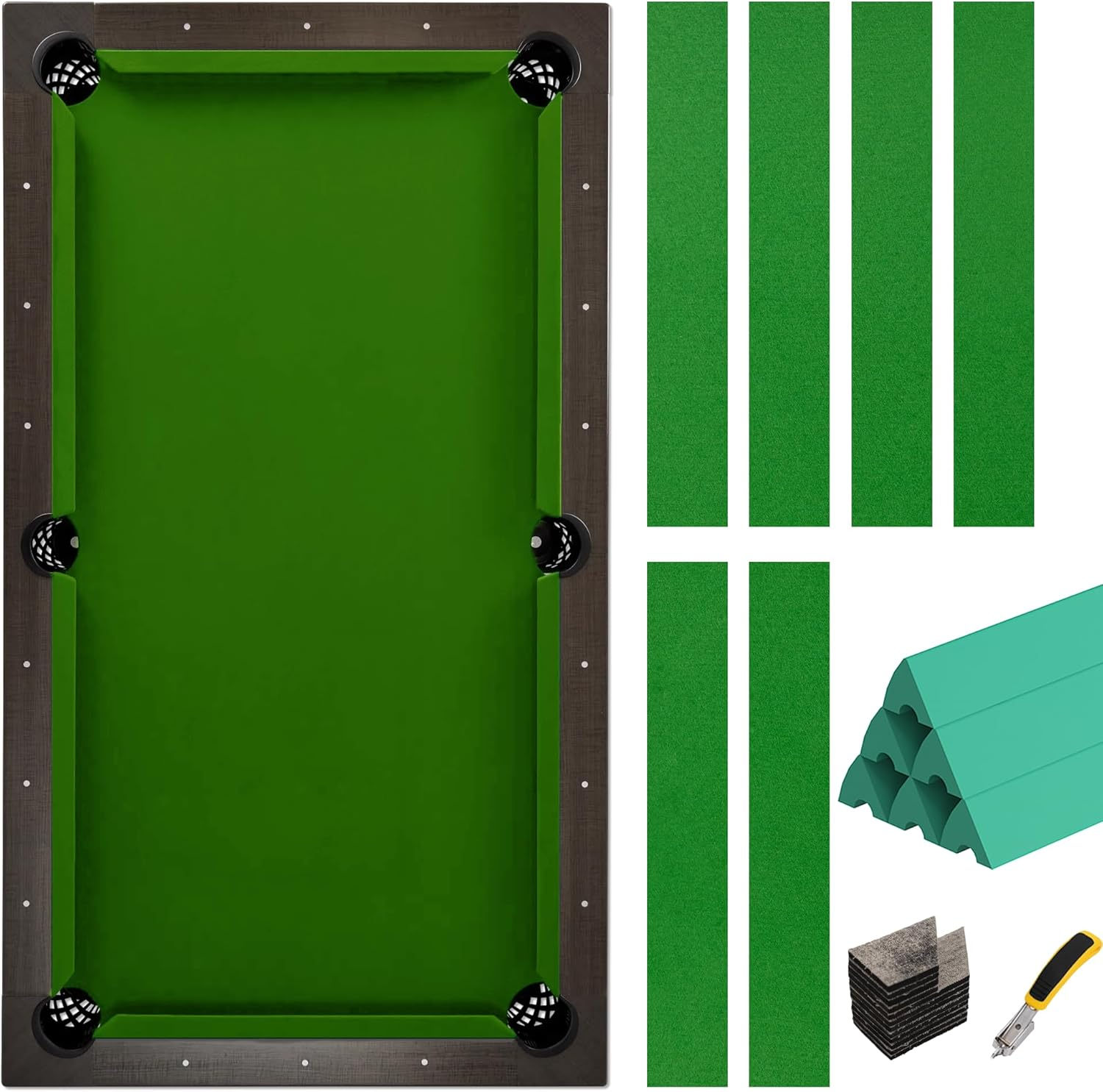 Pool Table Felt and Bumper Kit Felt for Billiard Cloth with Pool Table Bumpers and Cushions Facing, 6 Pcs Cloth Strips and Staple Remover