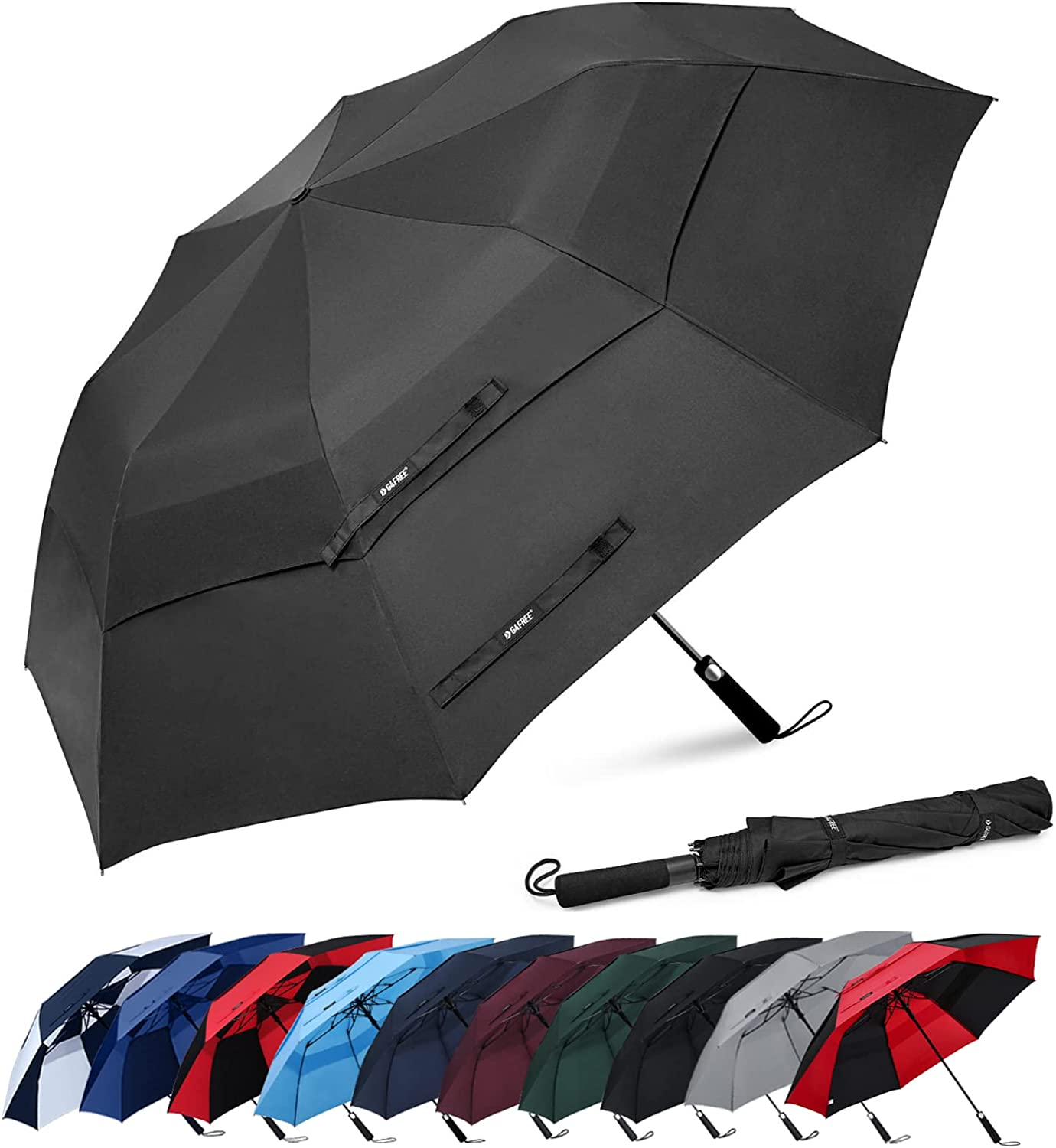 62 Inch Portable Golf Umbrella Large Oversize Double Canopy Vented Windproof Waterproof Automatic Open Stick Umbrellas for Men Women(Black)