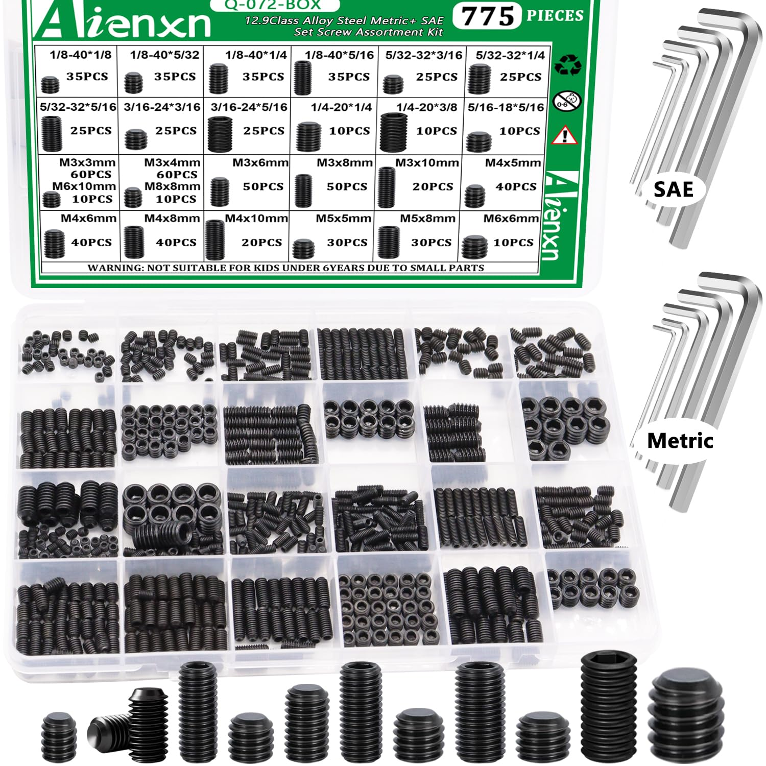775Pcs Metric +SAE Set Screw Assortment Kit Hex Socket Head Cup Point Set Screws