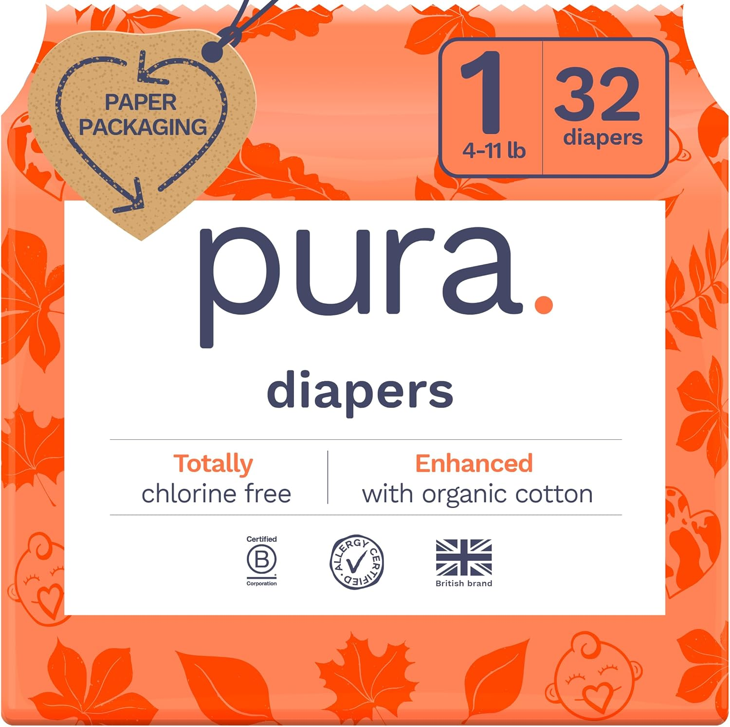 Pura Hypoallergenic Diapers, Size 1 (4-11 Lbs), Newborn, Totally Chlorine Free, Wetness Indicator, Suitable for Sensitive Skin, Soft Organic Cotton Comfort, Overnight, 1 Pack of 32 Baby Diapers