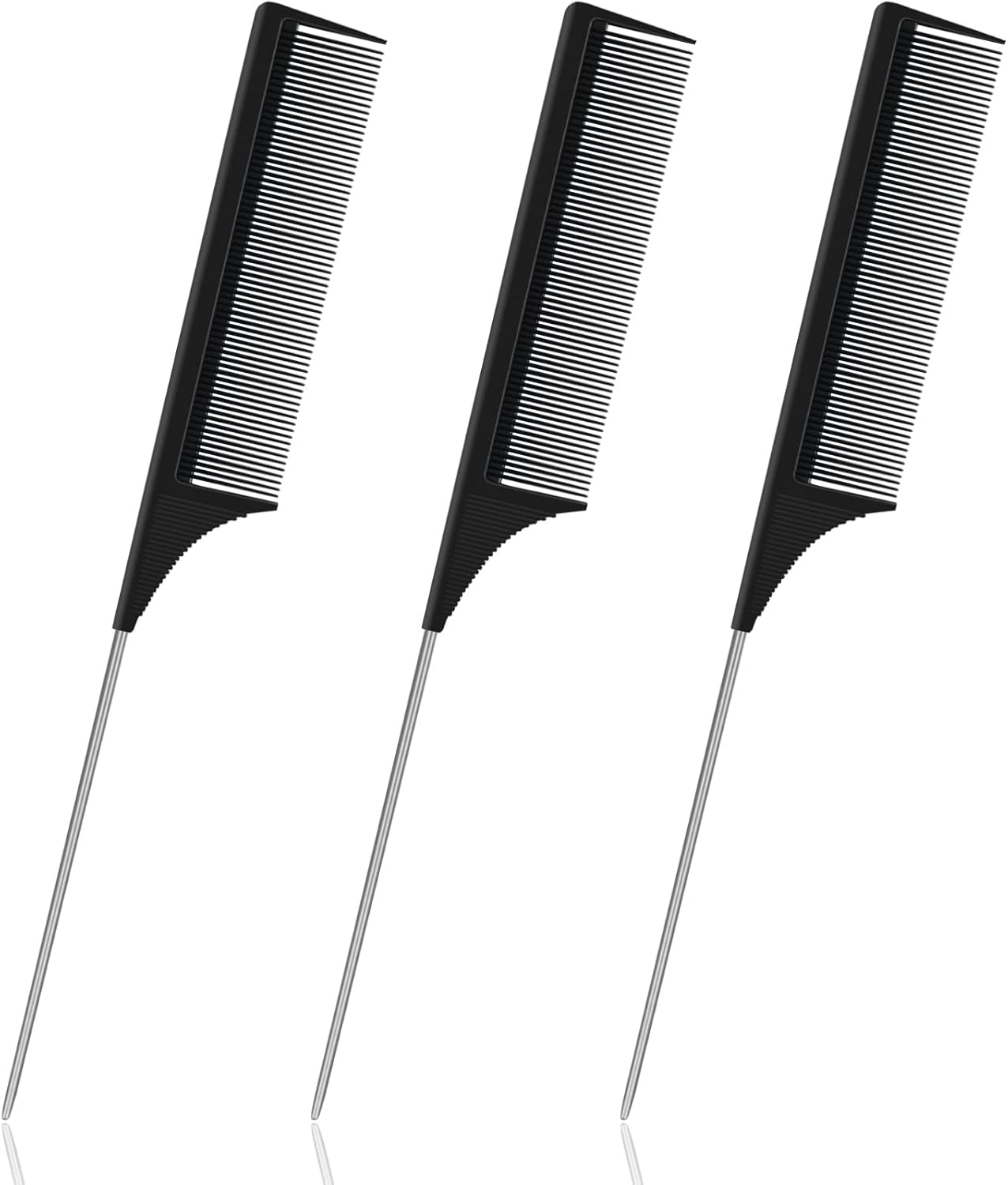 Carbon Fibre Tail Comb - 3 Piece Set, anti Static, Heat Resistant, Fine Tooth & Teasing Comb for Women & Men, Black