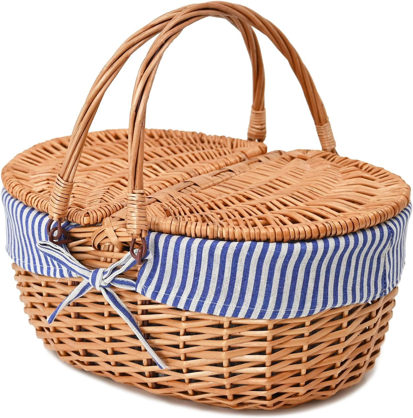 Wicker Picnic Basket with Lid and Handle Sturdy Woven Body with Washable Lining,Blue Stripe