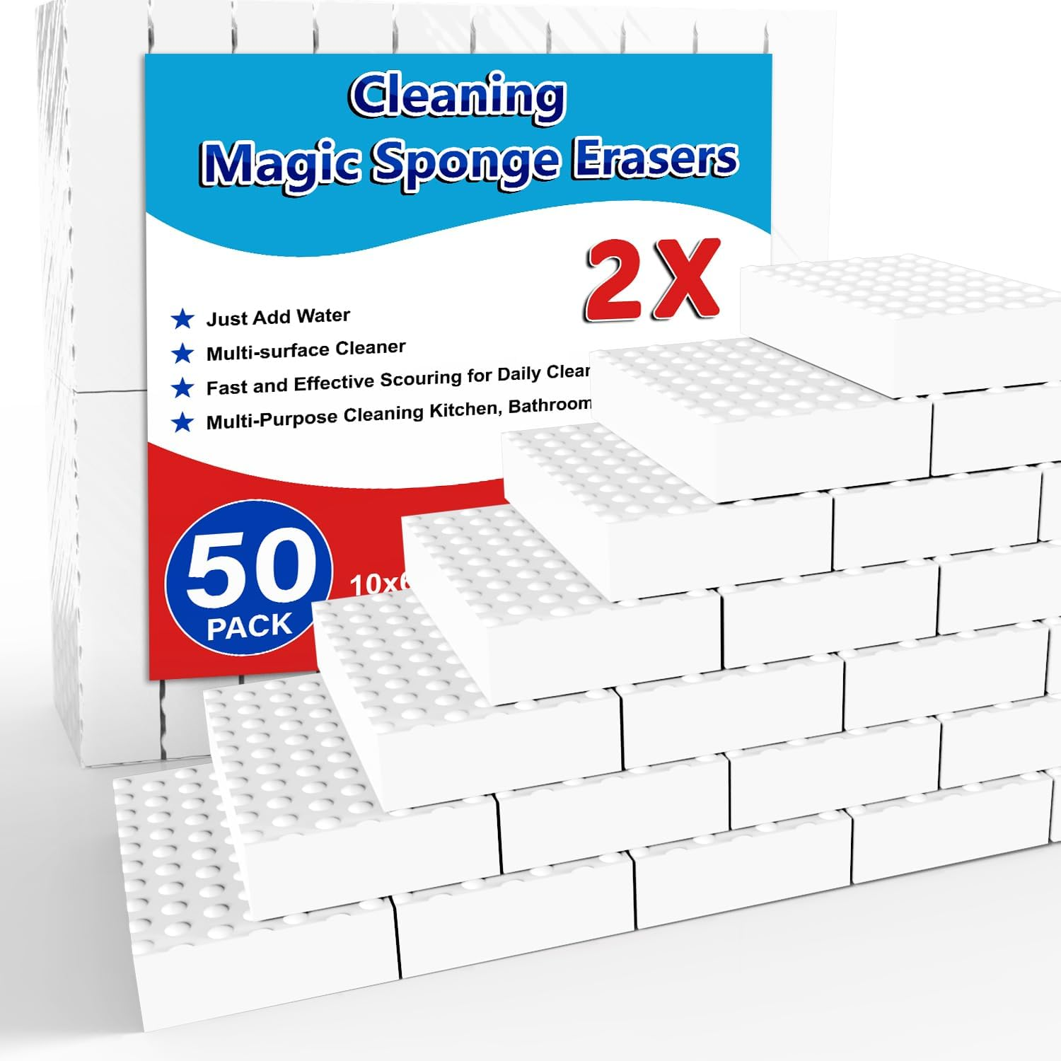 Magic Sponge Erasers, 50 Pack 2X Density Stronger Melamine Sponge Foam Pads, Multi-Functional Household Cleaning Supplies Cleaner for Kitchen, Bathroom, Bathtub, Sink, Wall Cleaner