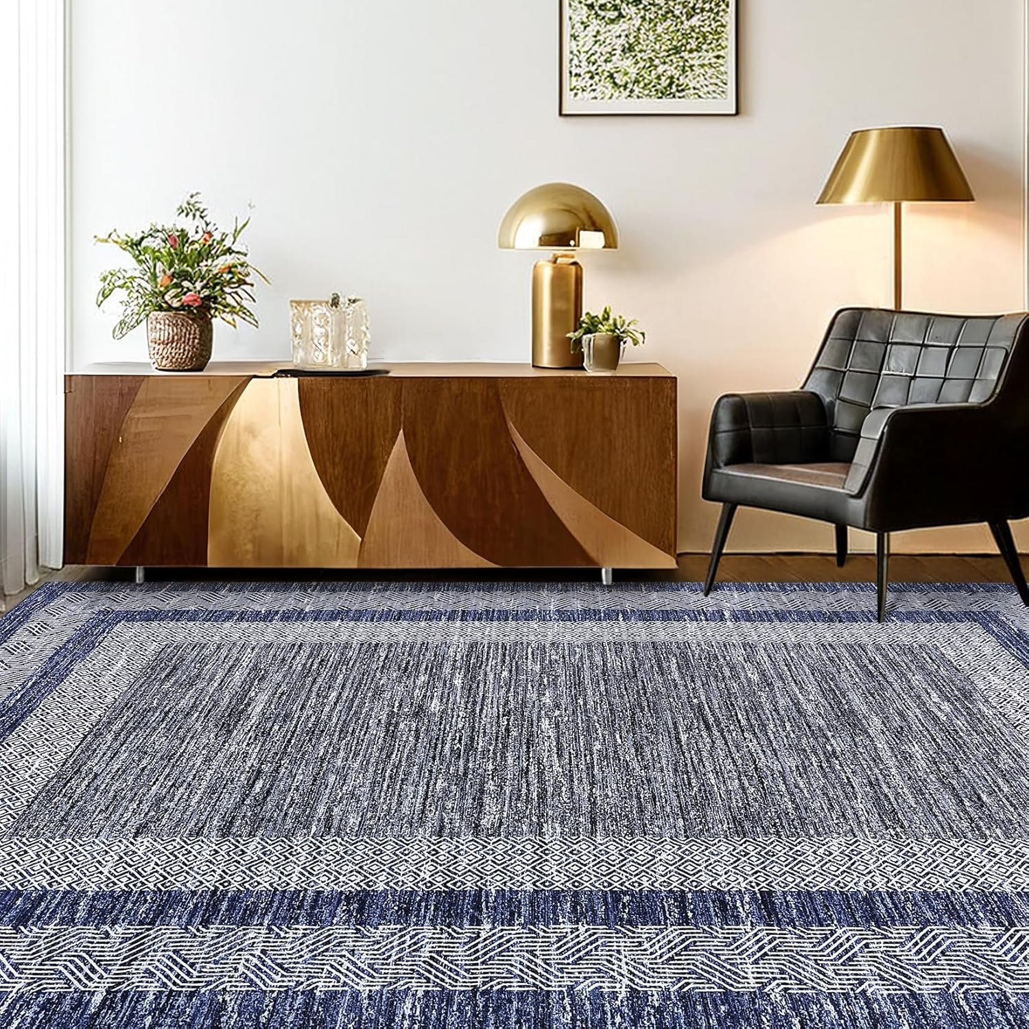 Small Bedroom Area Rug 3X5 Bordered Area Rug for Living Room Nursery Non Slip Kitchen Throw Carpet Low Pile Modern Rugs Washable Bathroom Mat Soft Blue Rugs for Laundry Entryway