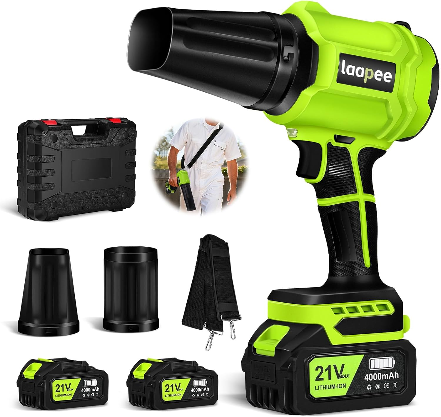 Leaf Blower Cordless,Brushless Powered 800,000 RPM Electric Leaf Blower with 2 X 4.0Ah Battery and Charger Handheld Blowers for Lawn Care,Dust,Snow,Car Blowing Water with 2 Extended Nozzle