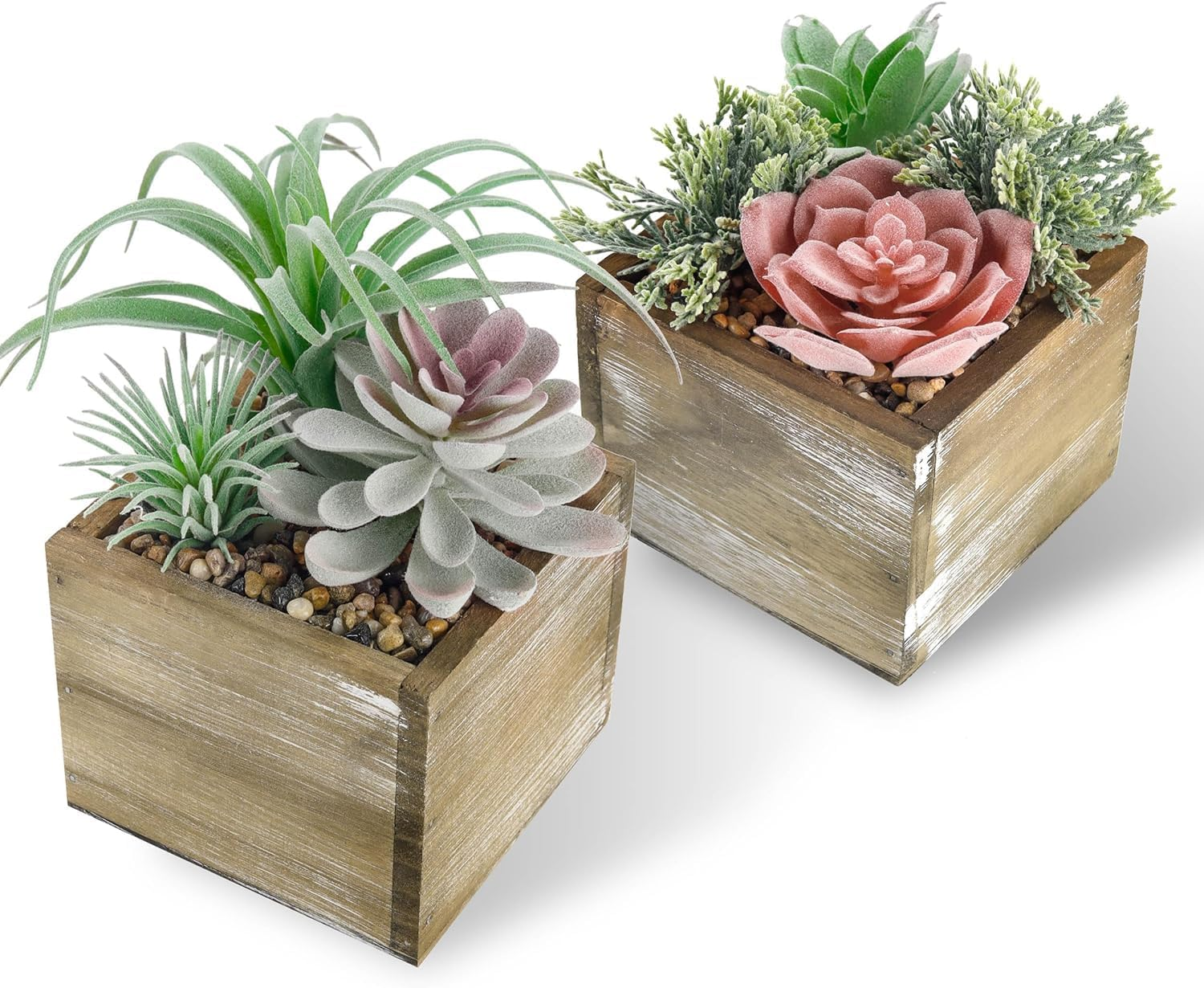 2 Pack Fake Plants Succulents Plants Artificial Cactus Plants in Wood Pots with Pink Flowers for Farmhouse Bathroom Decor