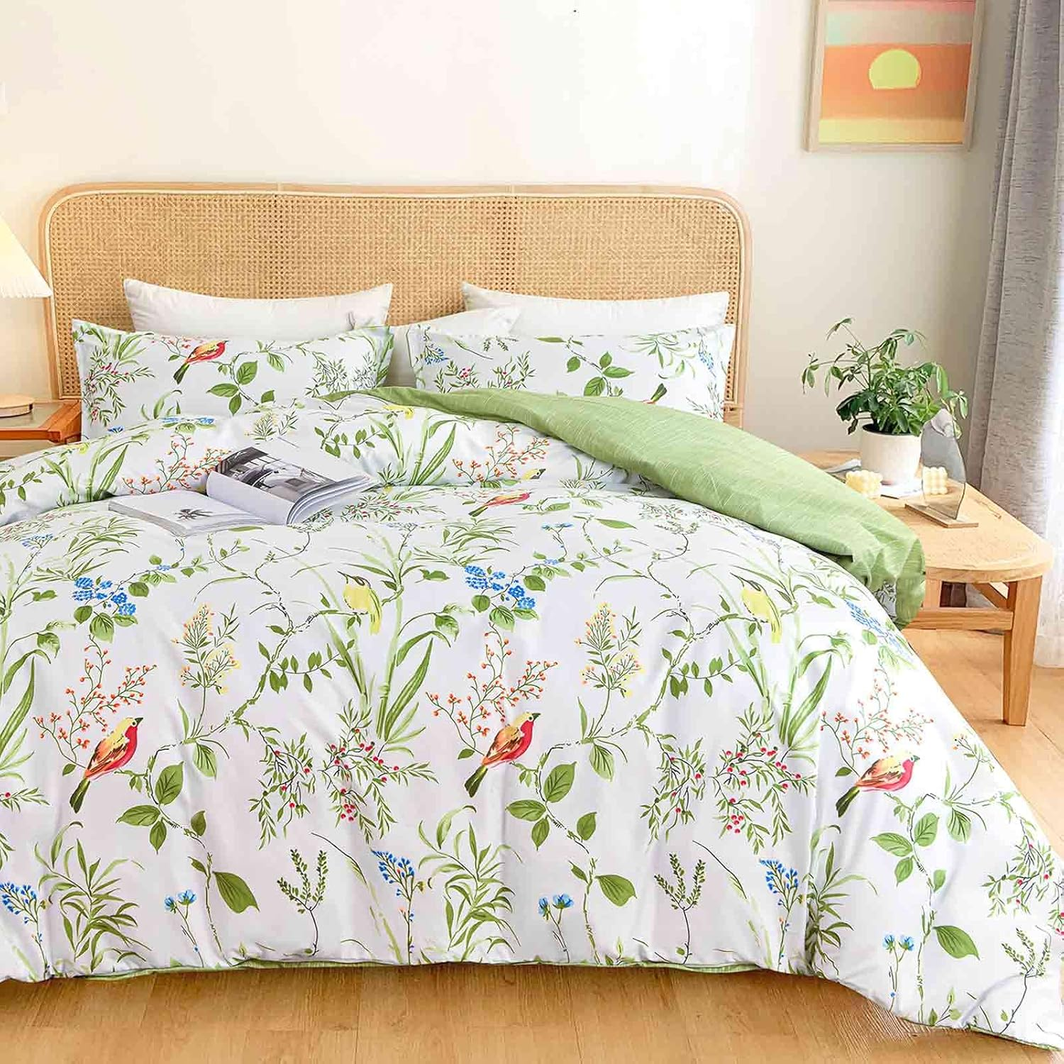 Queen Size Duvet Cover Set, Green Floral/Flower Leaf Bird Print Pattern