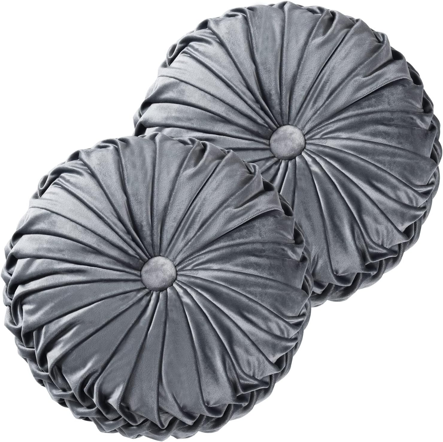 HIG Set of 2 Decorative round Pleated Throw Pillows, Classy Accent Pumpkin Throw Pillows with Center Button, Vintage Velvet Floor Pillows for Sofa Vanity Chair Bed, Dark Gray, 14.5