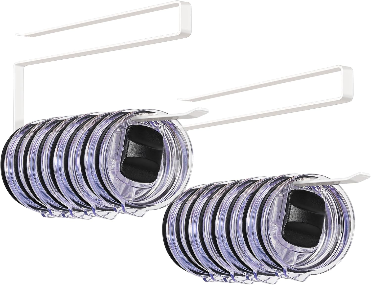 Tumbler Lid Organizer 2 Pack Tumbler Lid Storage Hook up to 20 Lids, Space Saving Cup Lid Organizer under Cabinet Tumbler Lid Hanger for Kitchen Storage, Horizontal Paper Towel Hanger (White)