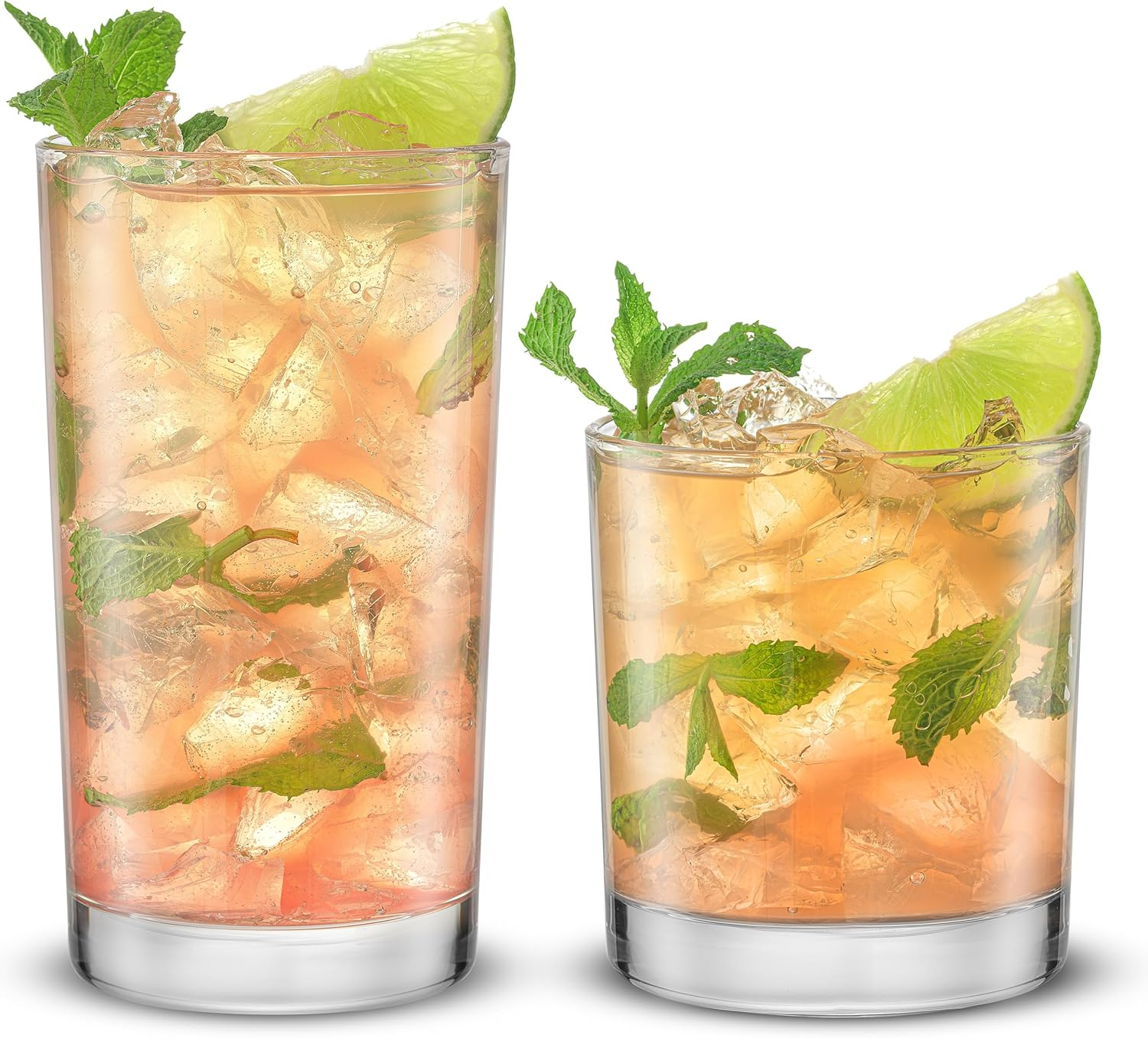 Alain Drinking Glasses Set of 8 Glass Tumblers. Highball 14Oz Bar Glasses and Lowball 10Oz Rocks Glasses Set. Cocktail, Juice, Whiskey Glasses or Water Glasses. Kitchen or Bar Glassware Set