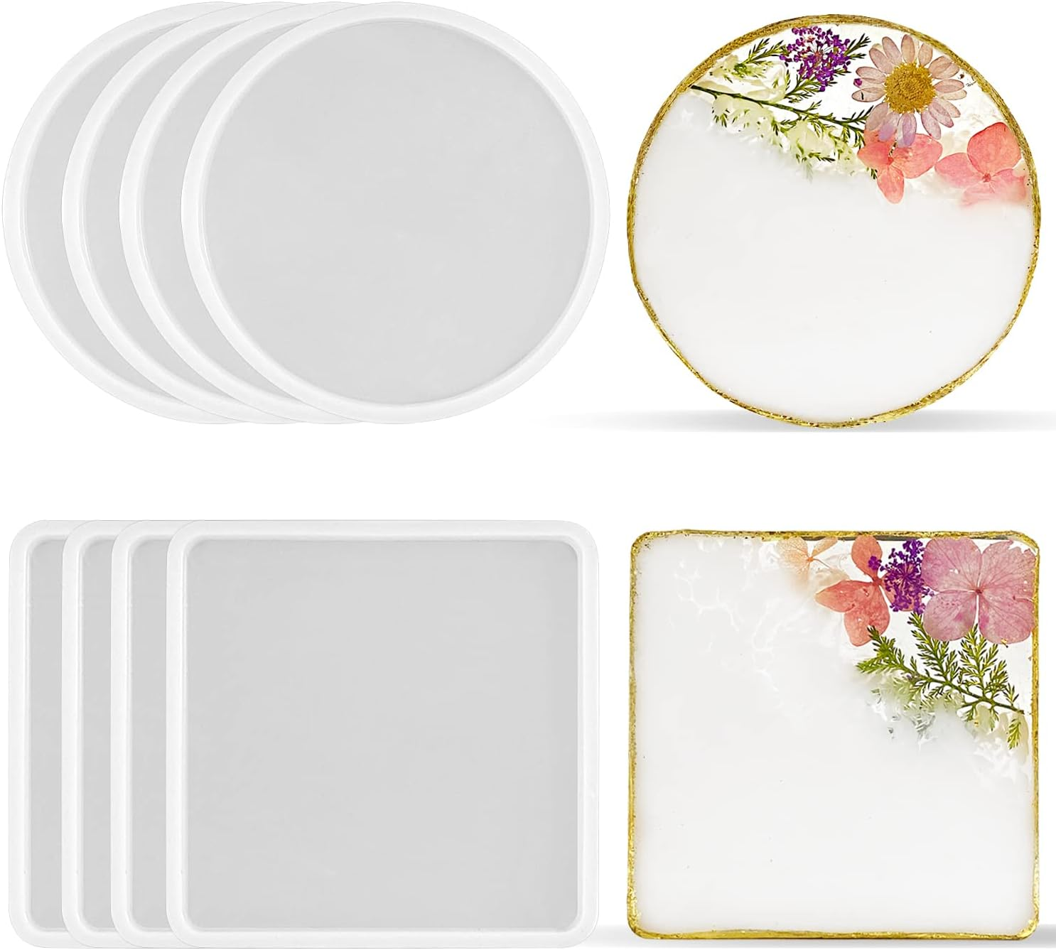 RESINWORLD 8 Pack Thick 4 Inches Resin Coaster Molds Set, 4 Pack round Coaster Silicone Molds + 4 Pack Square Coaster Resin Mold, Coaster Molds for Resin Casting