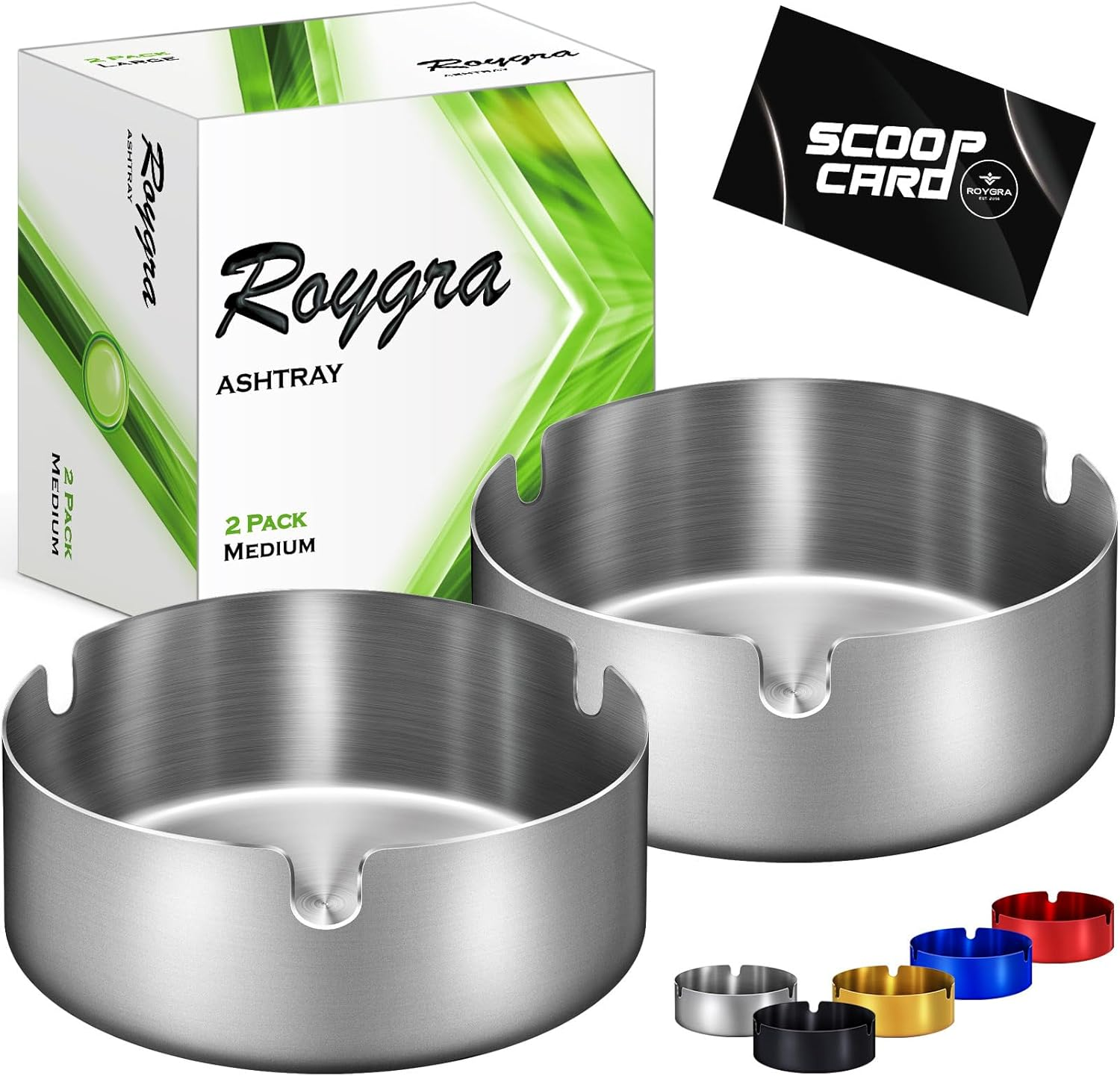 Ash Tray (2 Pack), Outdoor Ashtray for Outside Patio, Stainless Steel Ashtrays for Cigarettes with 3 Holder, Smoking Accessories, Home Décor, Ashtrays for Smokers Indoor - Silver, Medium