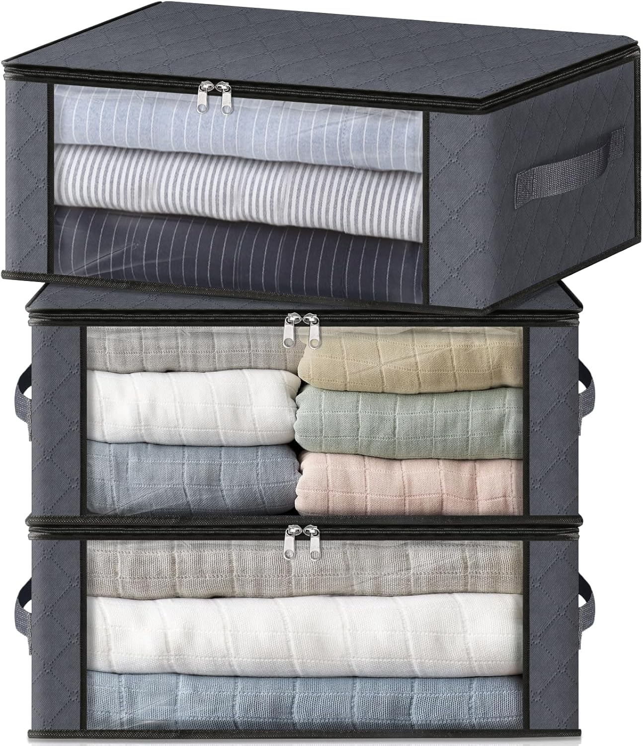 Storage 3-Pack Clothes Organizer Storage Bags Foldable Storage Box with Large Clear Window Sturdy Handles for Closet, Dorm, Pillows, Bedding, Clothes, Blankets, 35L, Gray