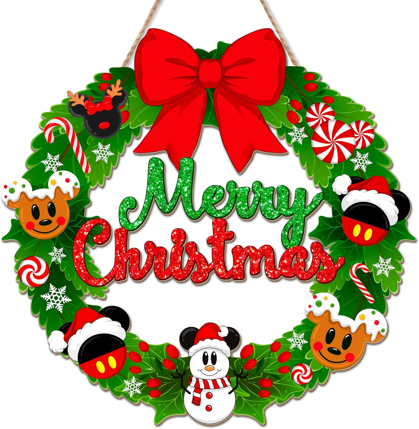 Christmas Mouse Door Sign Decorations, Merry Christmas Wreath for Front Door, M