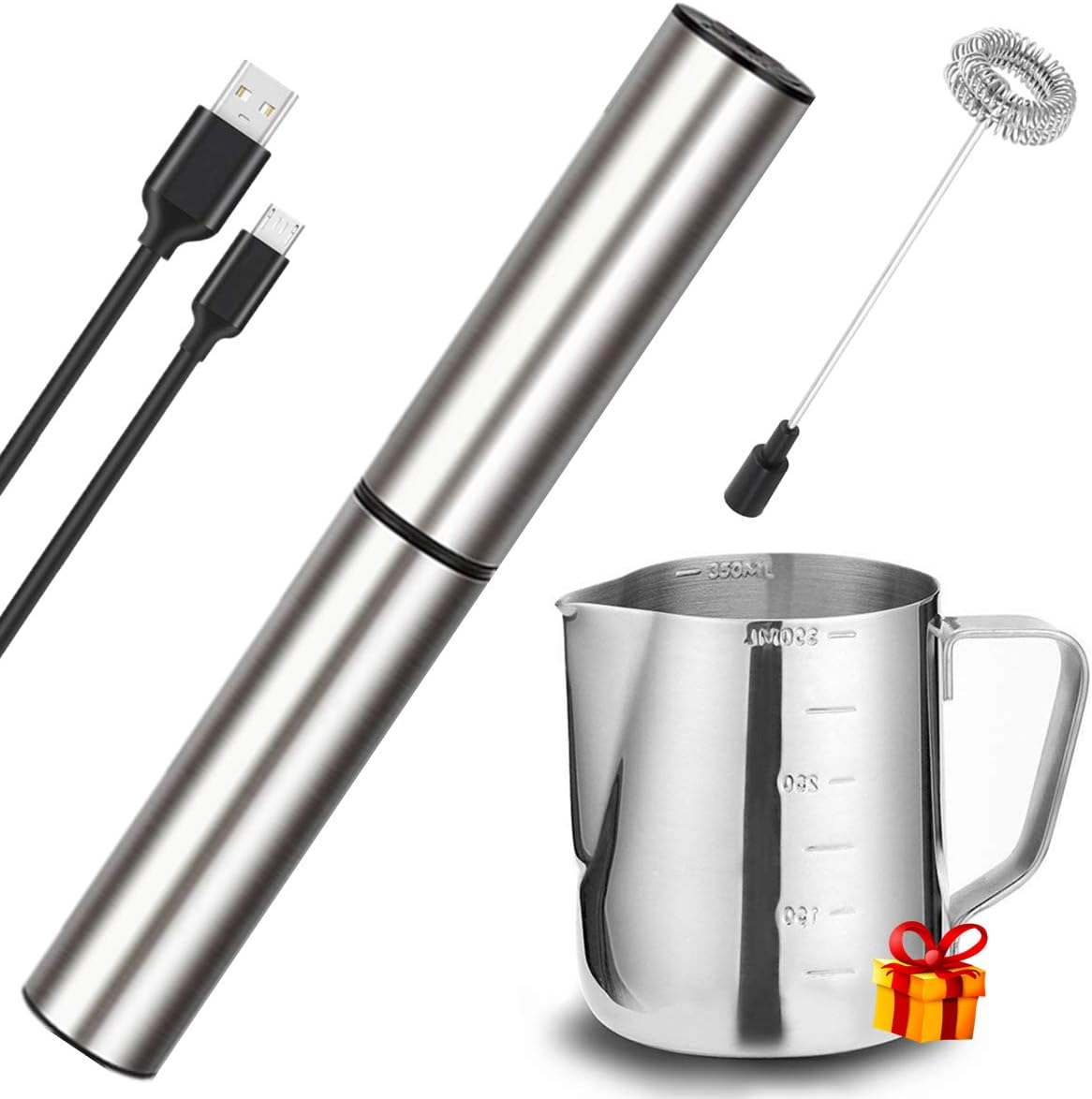 Electric Milk/Coffee Frother, Basecent Rechargeable Handheld Foam Maker/Mixer for Latte, Cappuccino, Frappe Drink, Hot Chocolate, Stainless Steel Silver
