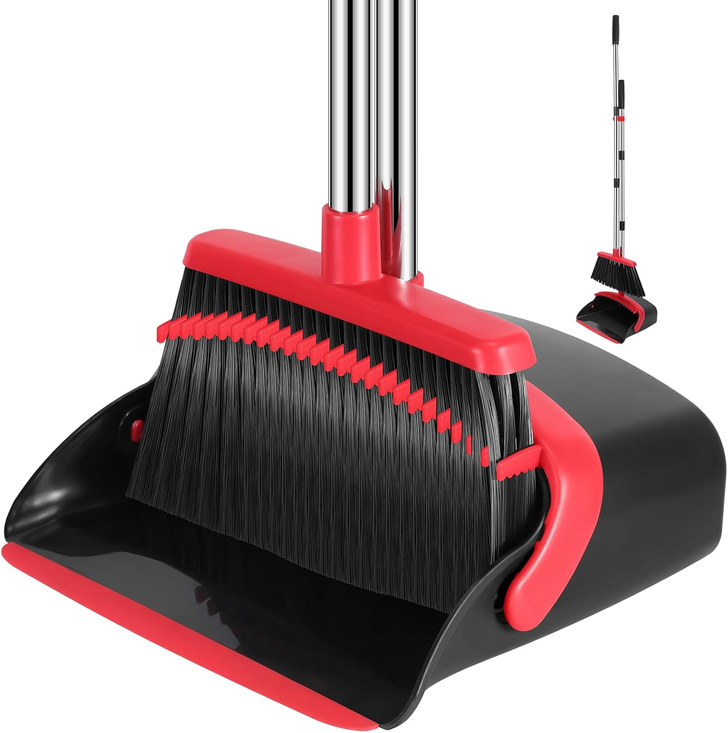 Broom and Dustpan Set, 52-In Long Adjustable Handle Broom Dustpan Combo with Dustpan Teeth to Automatically Clean Hair Suitable for Home Kitchen Office Hall Floor（Black&Red）