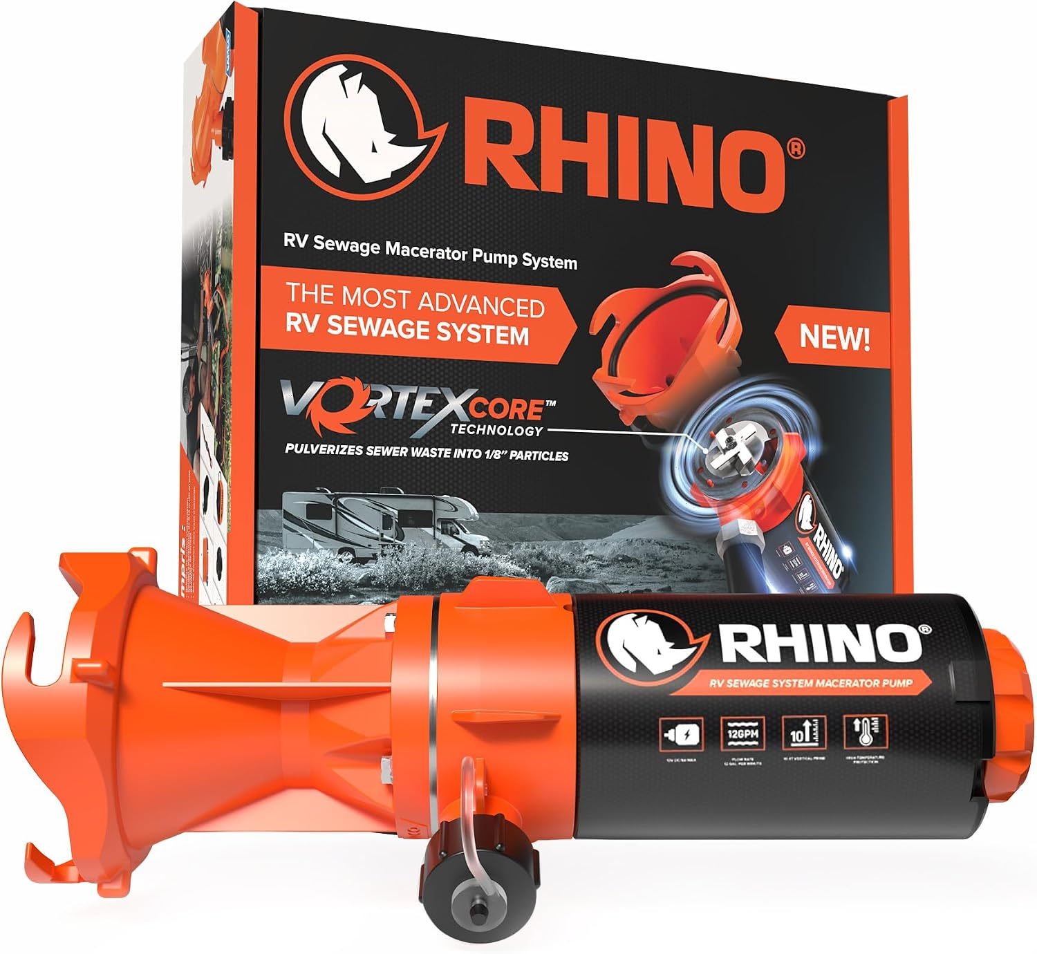 Camco Rhino Camper/Rv Sewage Macerator Pump Kit - Features Run Dry Protection and High Temp Protection - Compatible W/4”, 3.5” & 3” Sewer Outlets - Designed W/Self-Priming 12 Volt DC Motor (39040)