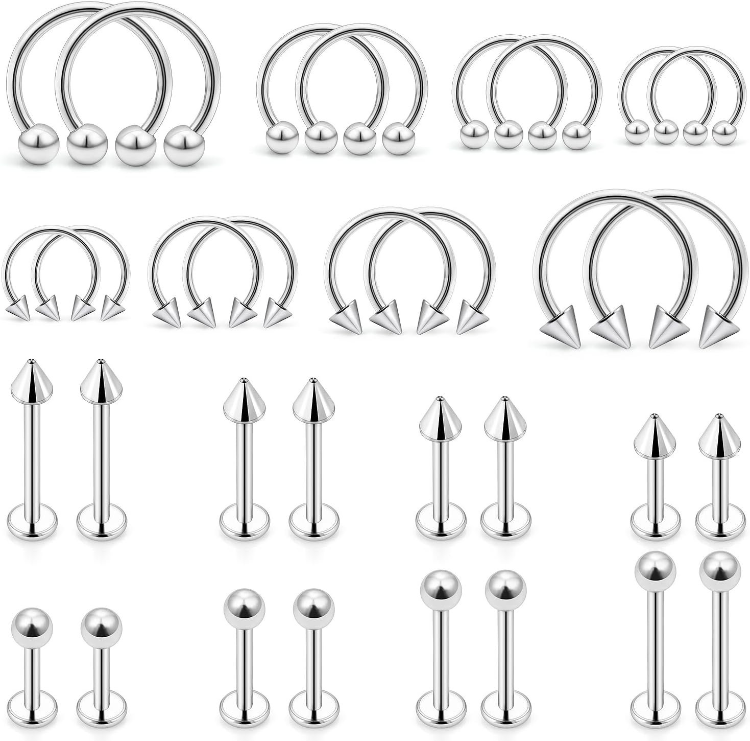 32PCS 16G Lip Rings Surgical Steel Snake Bite Jewelry Labret Jewelry Monroe Lip Barbell Ring Daith Tragus Helix Piercing Jewelry for Women Men 6Mm/8Mm/10Mm/12Mm