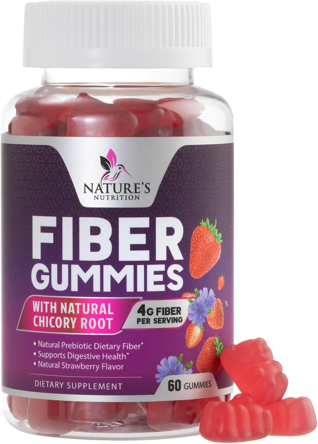 Fiber Gummies for Adults - 4G Gummy Fiber Supplement for Digestive Health & Regularity Support, Daily Prebiotic Supplements, Natural Prebiotic Gummy, Plant Based, Strawberry Flavored - 60 Gummies