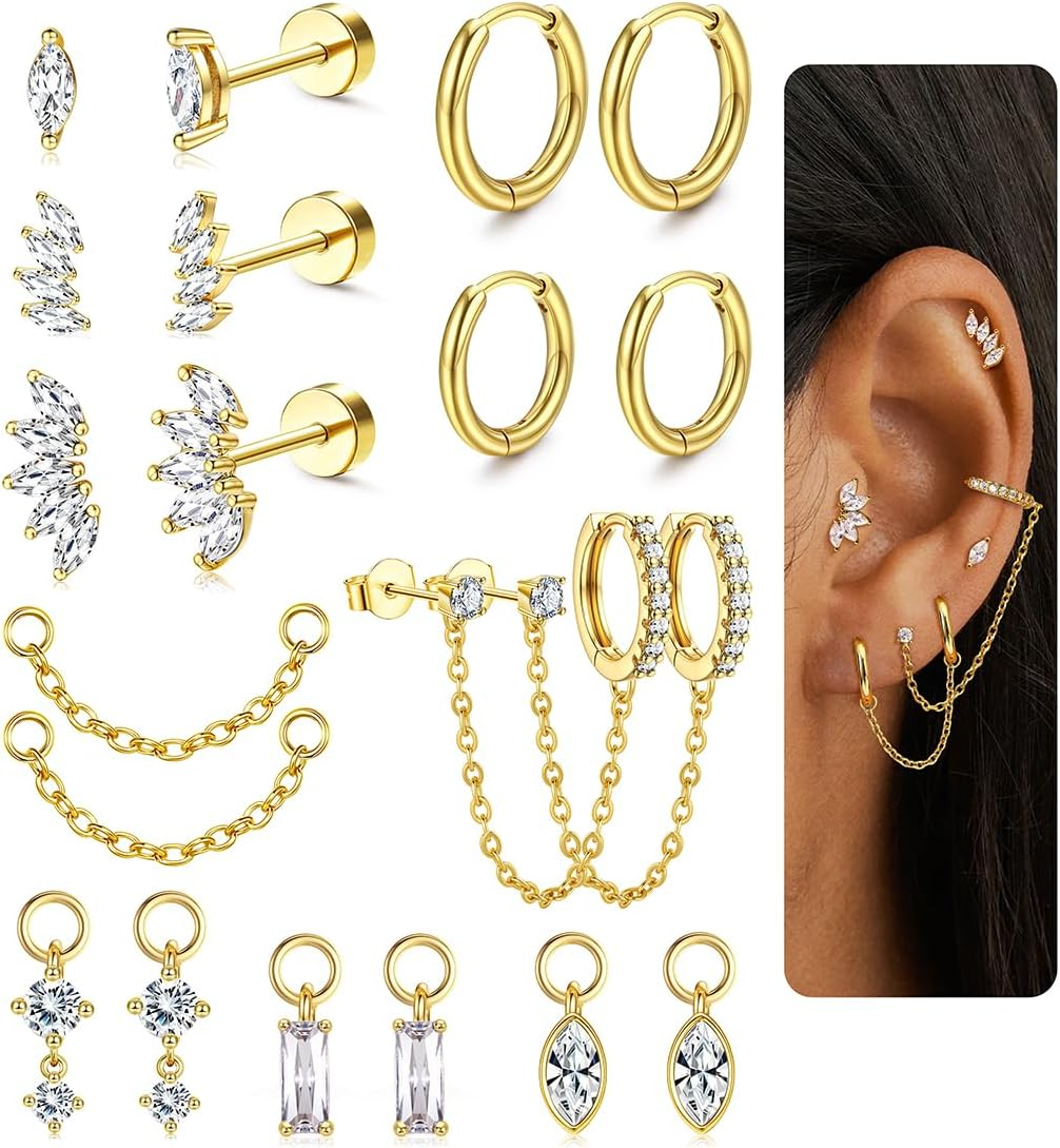 Hypoallergenic Gold Earrings for Women Trendy - Cartilage Chain Earring Stacks - Surgical Stainless Steel Flat Back Stud Earrings - Small Gold Hoops with CZ Charms - Dainty Stud Huggie Earring Sets for Multiple Piercing