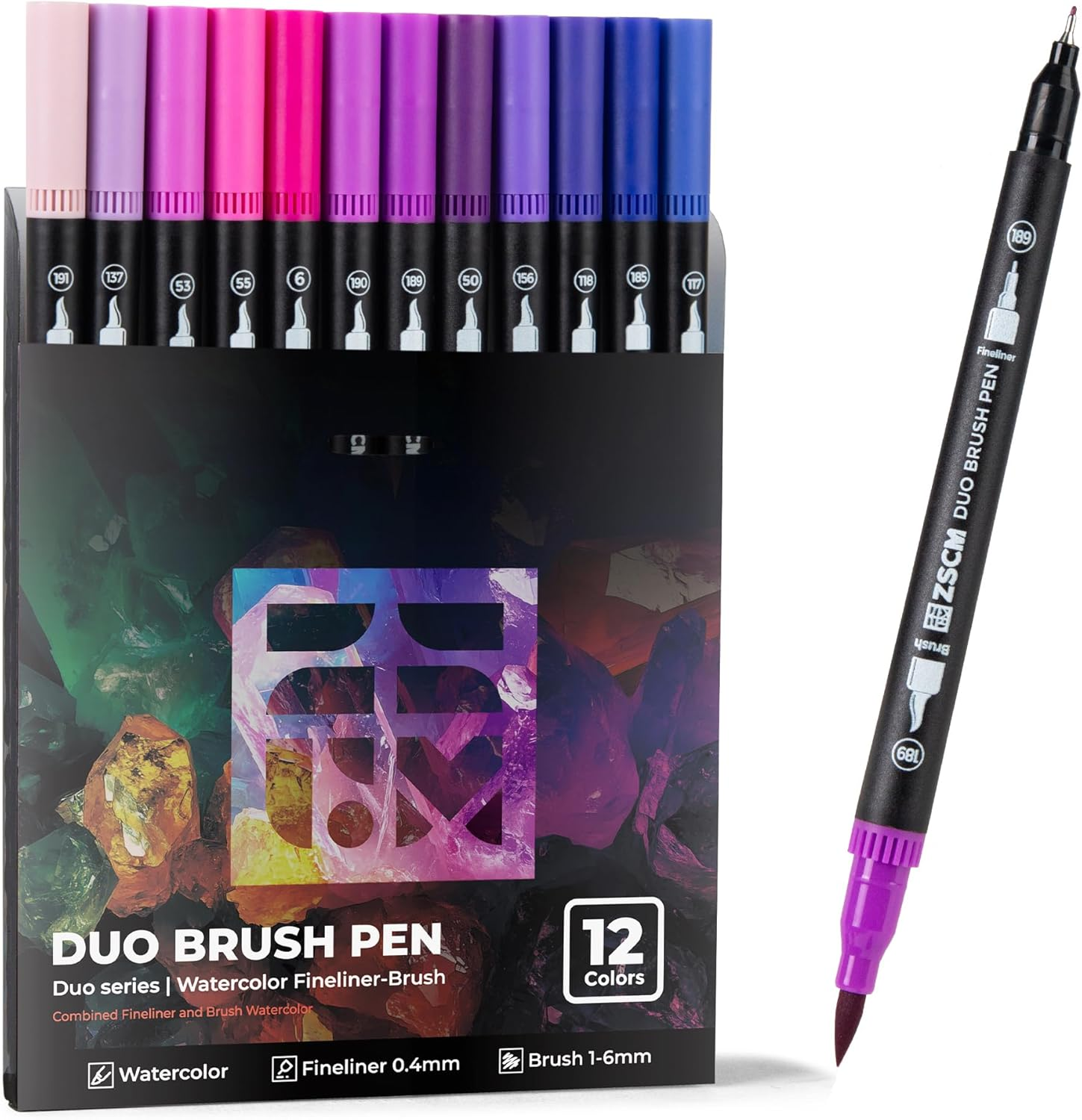 Purple Duo Tip Marker Pens, 12 Pack Fine & Brush Markers for Adult Coloring Books No Bleeding, Royal Purple Markers for Fantasy Art, Mystical Patterns, Creative Shadows and Luxury Themes