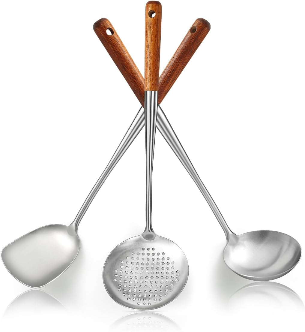 Wok Spatula Set 17 Inch Heat Resistant Wood Handle Stainless Steel Cooking Tools