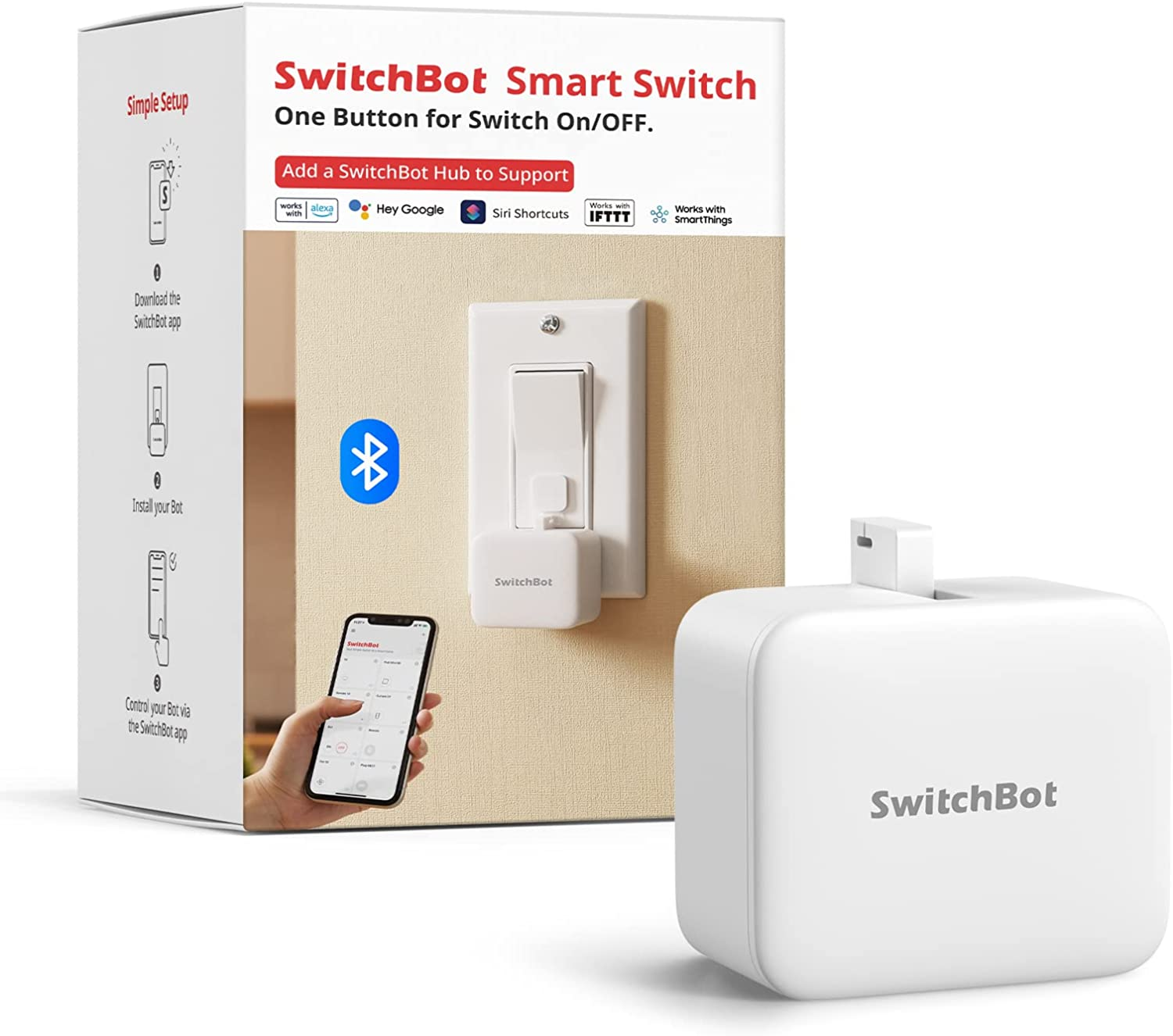 Smart Switch Button Pusher (Bluetooth) – Fingerbot for Rocker Switch/One-Way Buttons, App Timer Control, No Wiring, Optional Hub Required for Voice/Remote, White