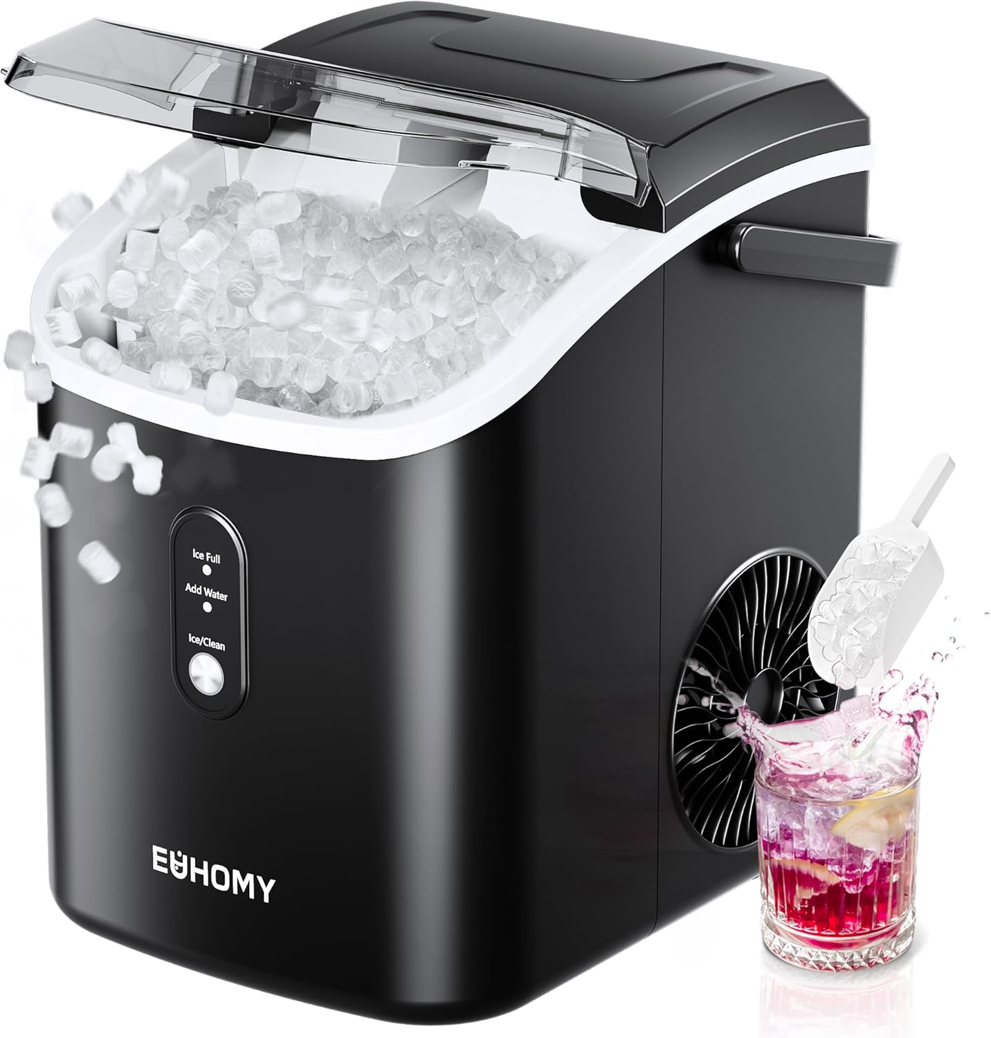 EUHOMY Nugget Ice Maker Countertop with Handle, Ready in 6 Mins, 34Lbs per Day, Removable Top Cover, Auto-Cleaning, Portable Sonic Ice Maker with Basket and Scoop, for Home/Party/Rv/Camping (Black)
