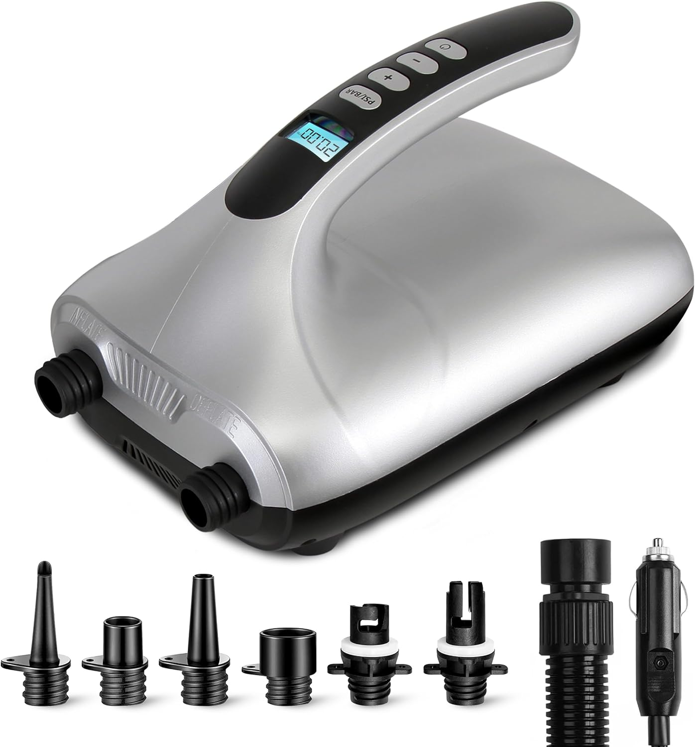 Serenelife Electric Paddle Board Pump - Portable 20 PSI Dual-Stage Air Compressor for Super Fast Inflation and Deflation, Auto-Off, LCD Display and 12V Car Connector - for SUP, Boats & Inflatables