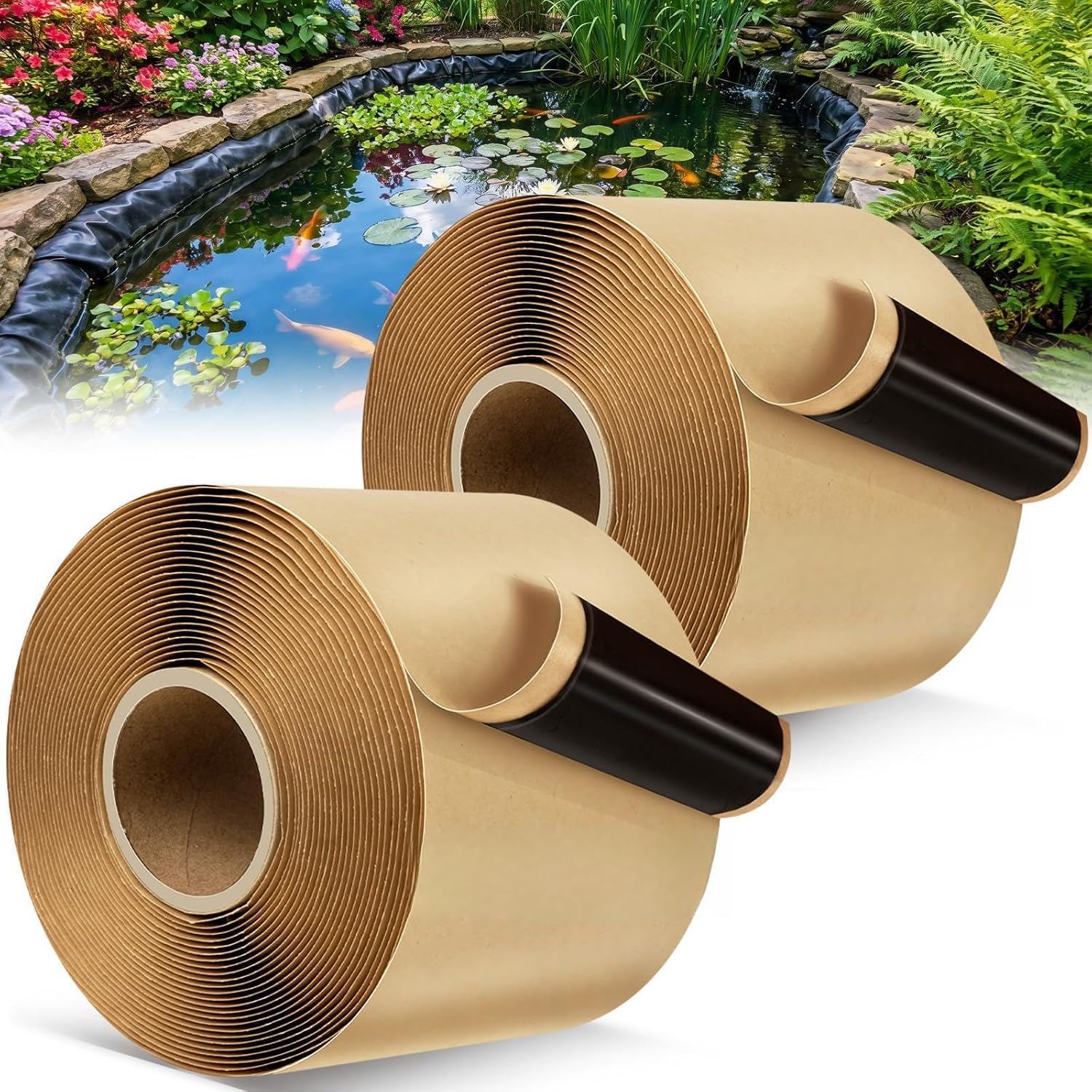 2PCS Pond Liner Seam Tape,4" X 20'Self Adhesive Double Sided Butyl Pond Seam Tape for EPDM Pond Liners,Waterproof Sealing Tape for EPDM Pond Liner Garden Cover Repair (4" X 20'-2Pack)