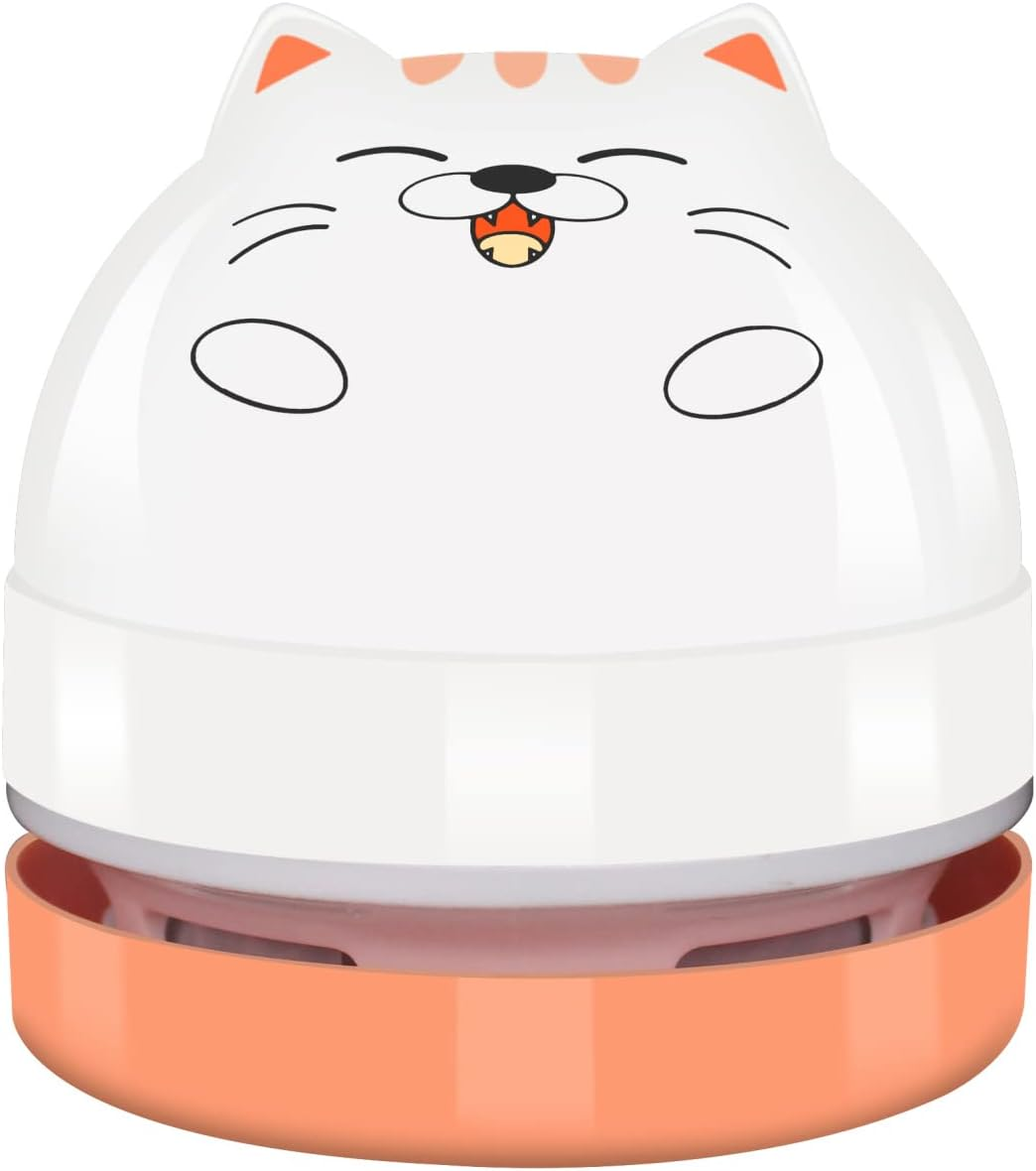 Mini Desktop Vacuum Cleaner, Portable USB Vacuum Cleaner for Desk Mini Cute Cartoon Desktop Vacuum for Cleaning Eraser Crumbs, Dust, Crumbs, Computer, Keyboard and Car (White Orange)