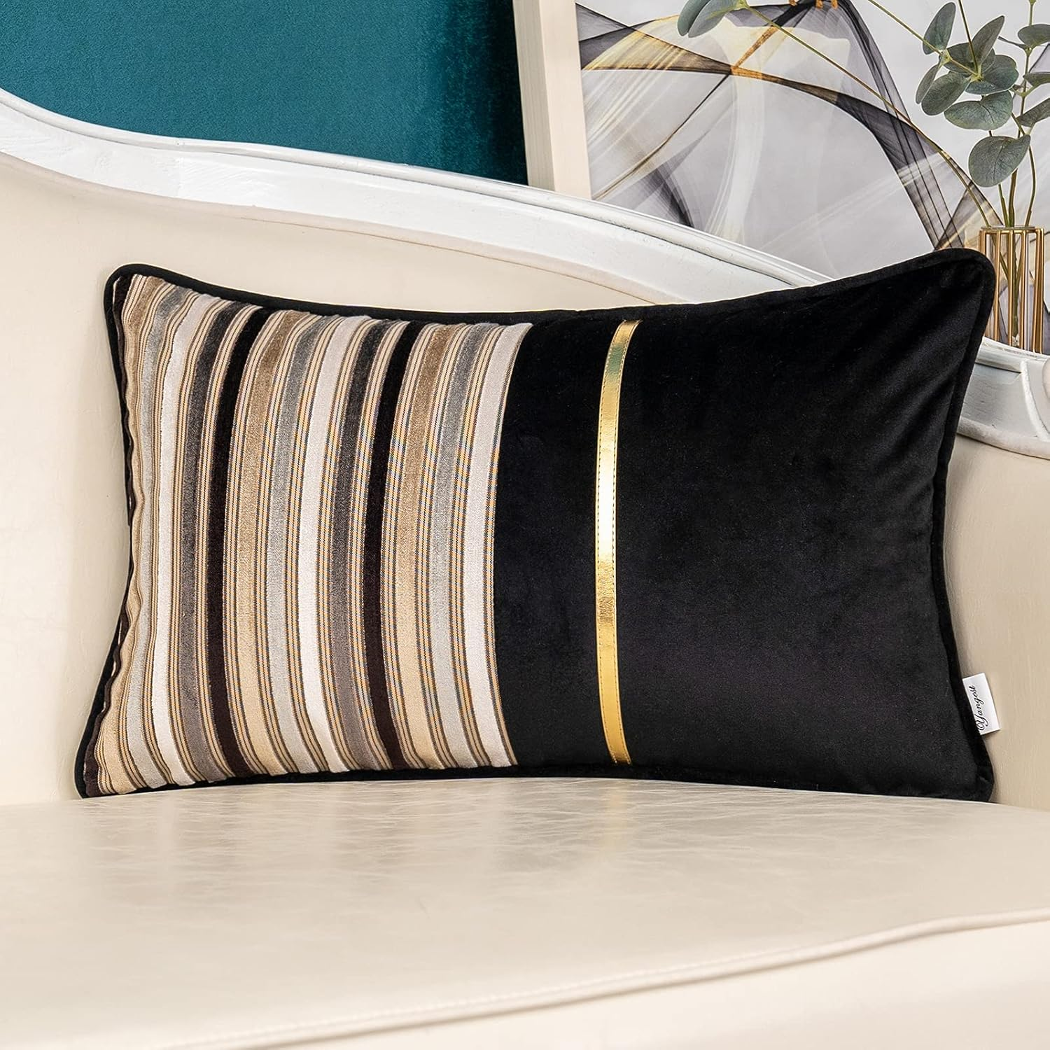 Black Striped Patchwork Velvet Lumbar Throw Pillow 12