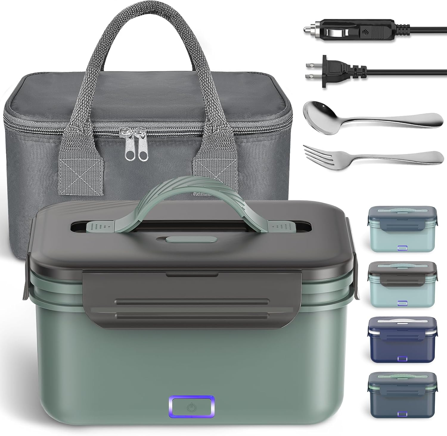 Vingud Electric Lunch Box 100W, 4 in 1 Heated Lunch Box for Adults, Portable Heating Lunch Box for Work/Car/Truck, with 1.8L Stainless Steel Container, 12V 24V 110V 220V, Green Grey
