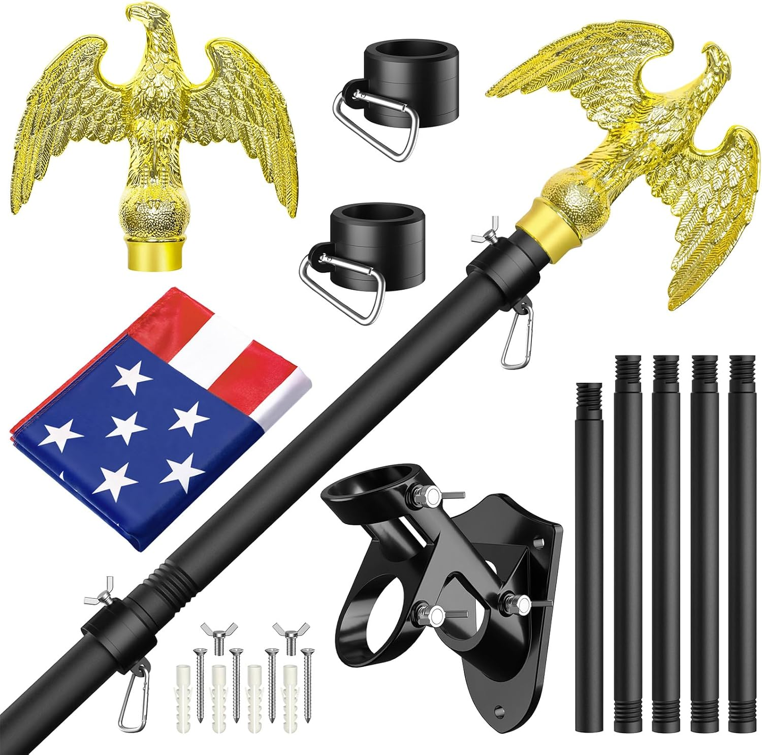 Flag Pole for Outside House, Outdoor Black Heavy Duty Porch 6 FT Flag Pole Kit, for Residential or Commerical, Tangle Free Flagpole (Include American 3 X 5 Flag, Wall Mount Holder, Eagle Shaped Head)