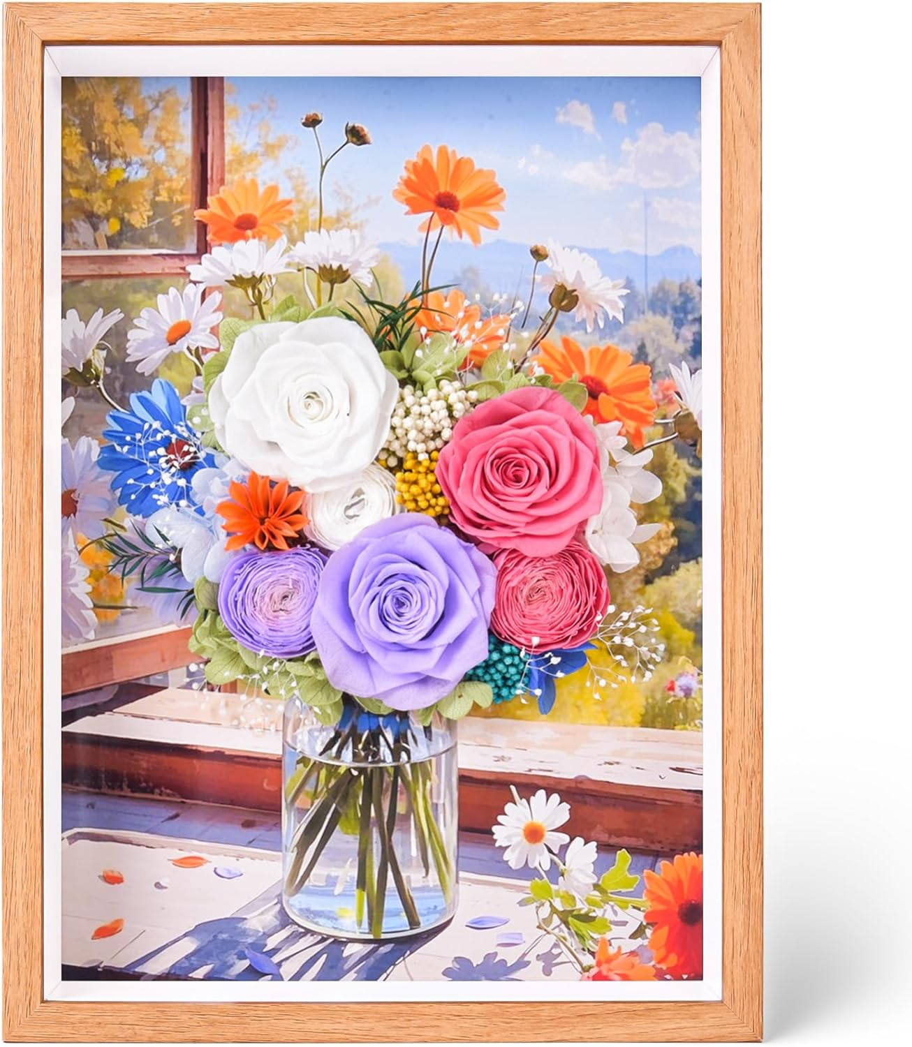 Preserved Flower Bouquet Art Frame - Colorful Floral 3D Wall Decor for Home, Living Room, Bedroom | Unique Gift for Her, Birthday, Anniversary (Flowers by the Windowsill)