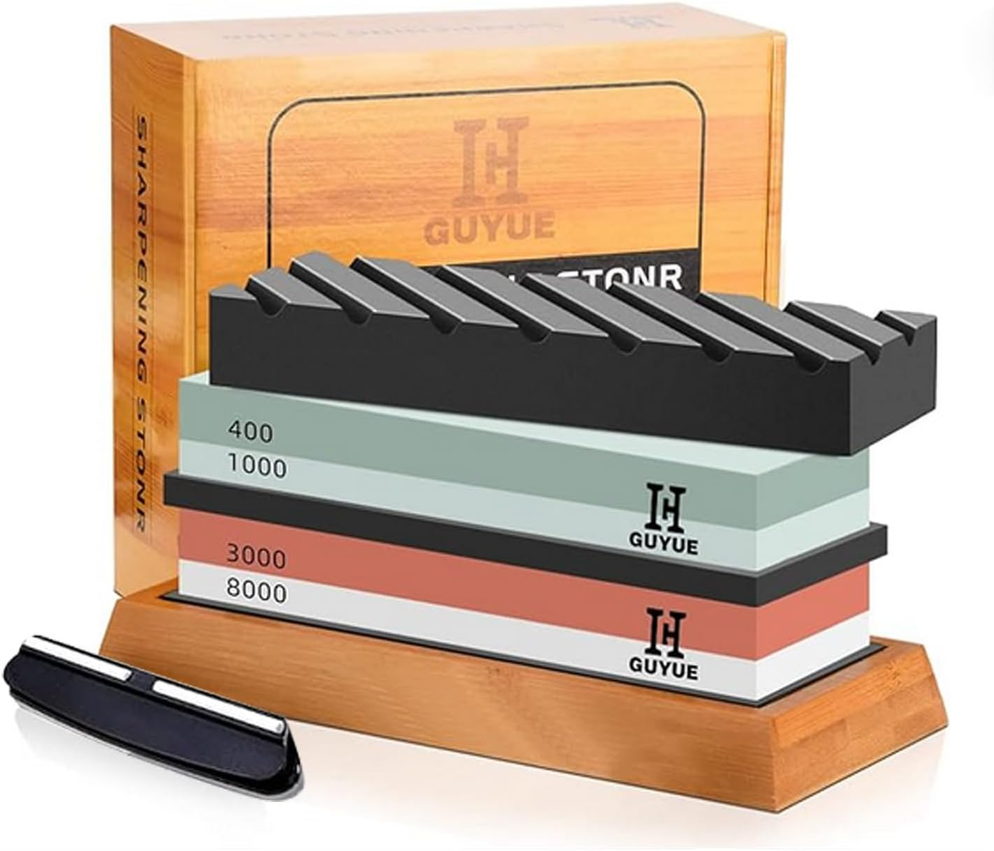GUYUE Knife Sharpening Stone Set, 2 in 1 Grit 400/1000 3000/8000 Professional Whetstone Sharpener Set,Professional Best Kitchen Blade Sharpener Stone, Include Nonslip Bamboo Base & Flattening Stone
