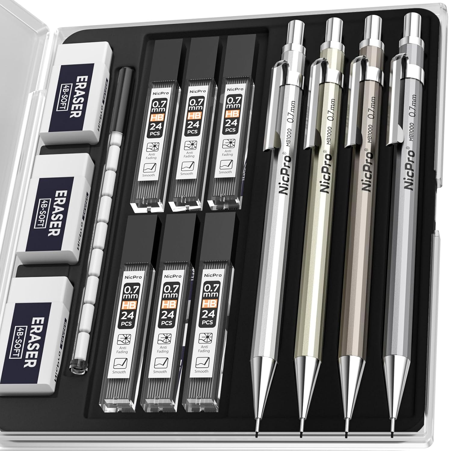 Nicpro 4 Pack Mechanical Pencil 0.7Mm with Case, MB1000 Metal Mechanical Pencil Set with 6 Tube HB #2 Lead Refill 0.7 Mm, 3PCS 4B Eraser, 9 Cap Eraser for Artist Drafting Writing, Sketching, Drawing