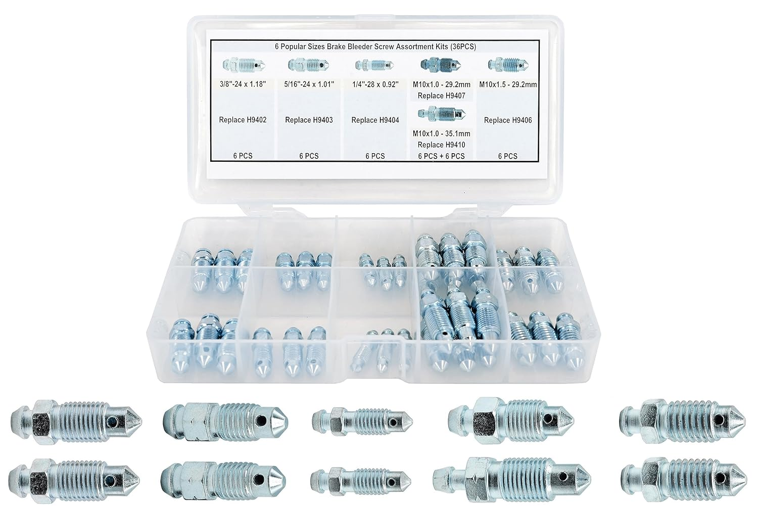 36 PCS Bleeder Valve,Brake Bleeder Screw Assortment Kit Replace H9402-6, H9403-6, H9404-6, H9406-6, H9407-6, H9410-6