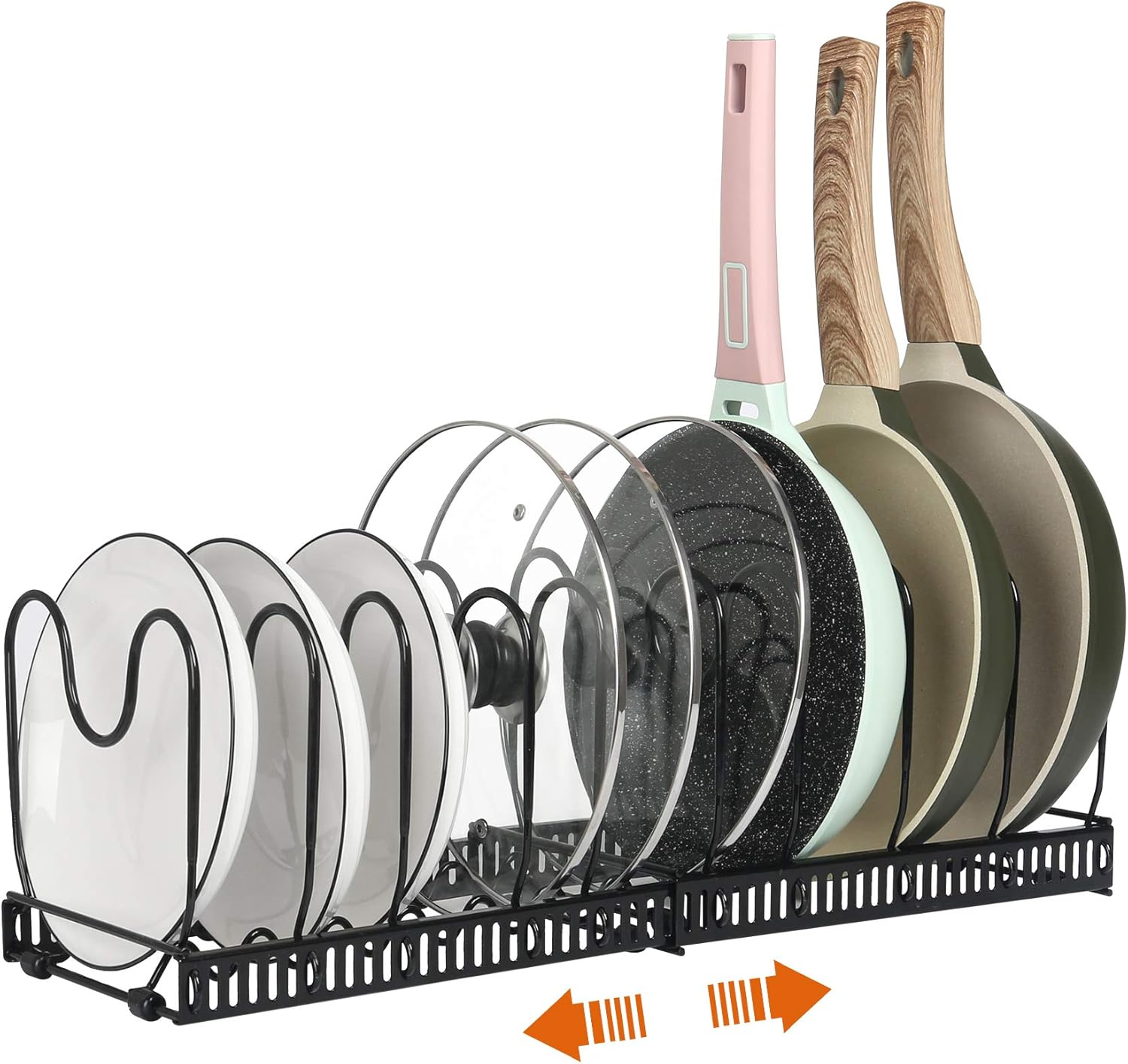Pot Rack -Expandable Pan Organizer for Cabinet, Lid Holder with 10 Adjustable Compartment for Kitchen Cabinet Cookware Baking Frying Rack