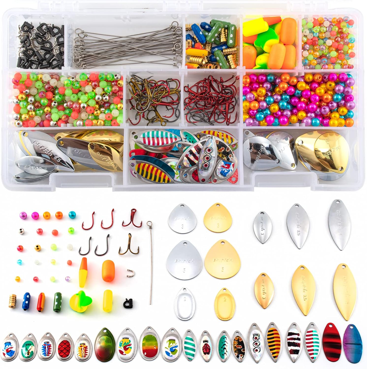 Dr.Fish 1310 Pieces Spinner Making Kit Lure Making Suppies Walleye Rig Spinner Blades Lure Bodies Floats Spinnerbait Shafts Accessories Freshwater Bass Materials
