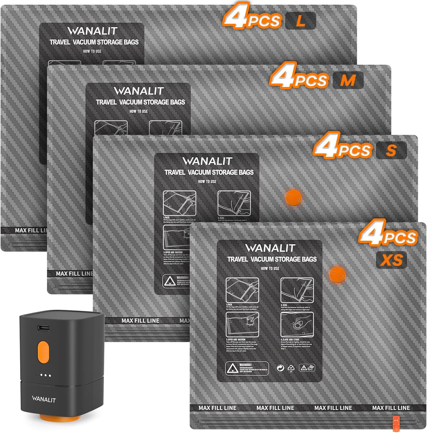 Travel Vacuum Storage Bags with Electric Pump - 16 Pack Compression Set