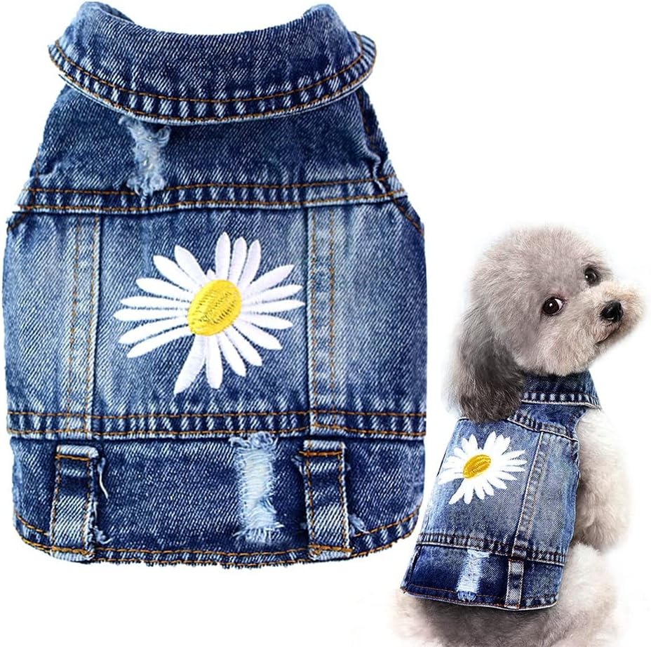 Dog Denim Jacket with Embroidered Daisy, Ripped Vintage Jean Vest for Small Dogs, Puppy, Pugs, Chihuahuas, Spring Summer Fall Festival Outfit, Small (Fits Chest 11-12