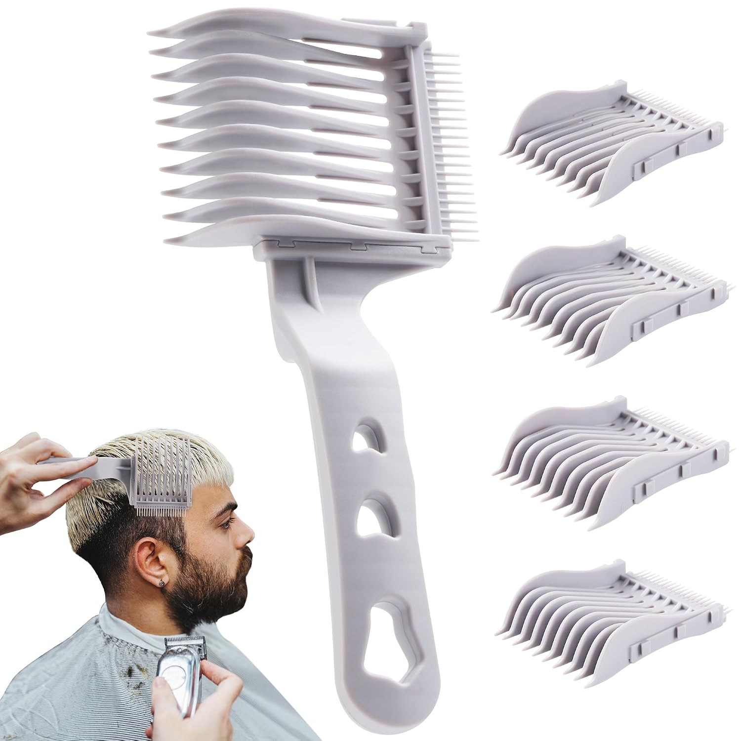 4-In-1 Detachable Fade Comb Set – Professional Barber Combs for Fading, Blending & Layering. Graduated Sizes Fit All Shears & Styling Tools – for Home & Salon (Grey)